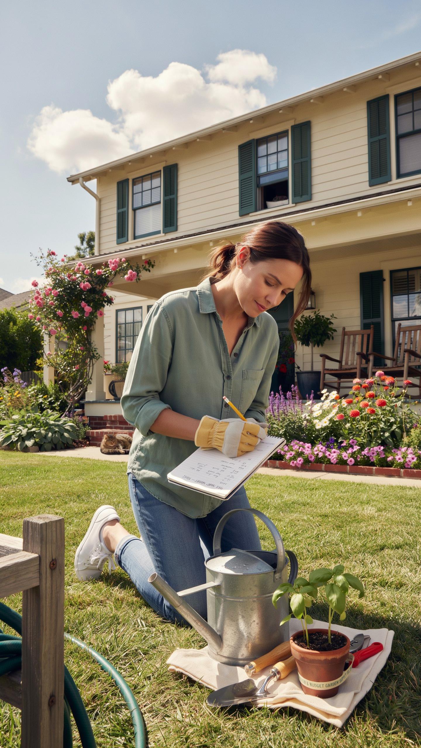 A woman kneels on green grass in a sunny garden, writing on a clipboard with a pencil. She wears a green long-sleeved shirt, blue jeans, and work glov