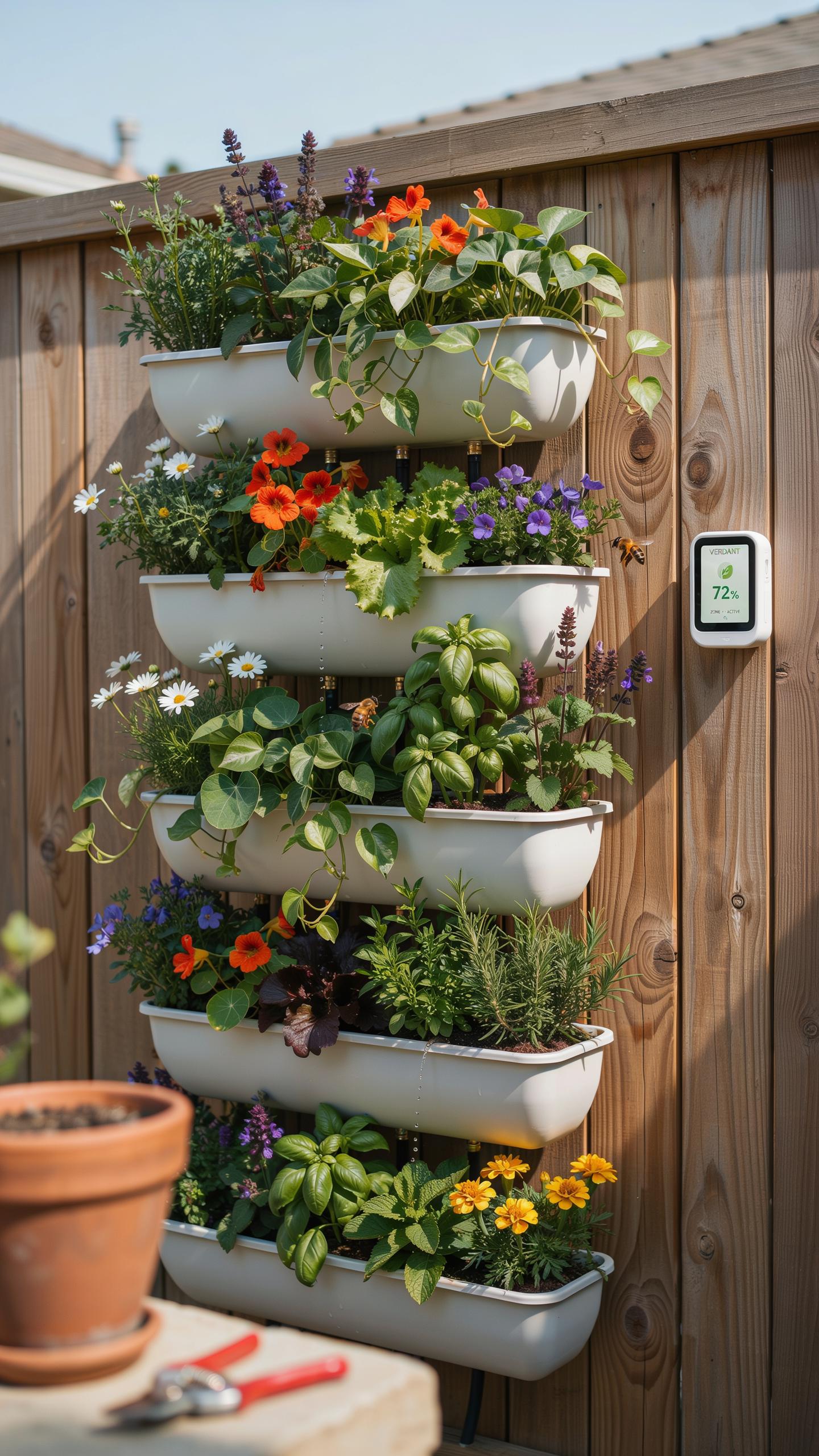A vibrant vertical garden with multiple tiers of white planters overflowing with various herbs and colorful flowers, mounted on a rustic wooden fence