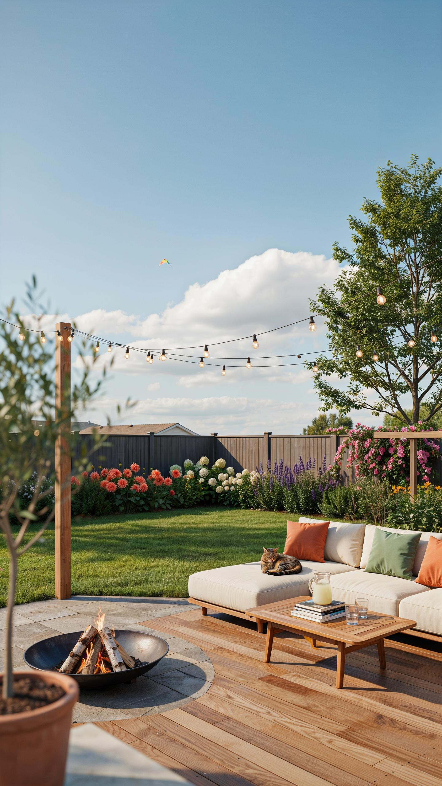 A modern patio features a light-colored sectional sofa with colorful throw pillows, a wooden coffee table, and a black fire pit, all set on a circular