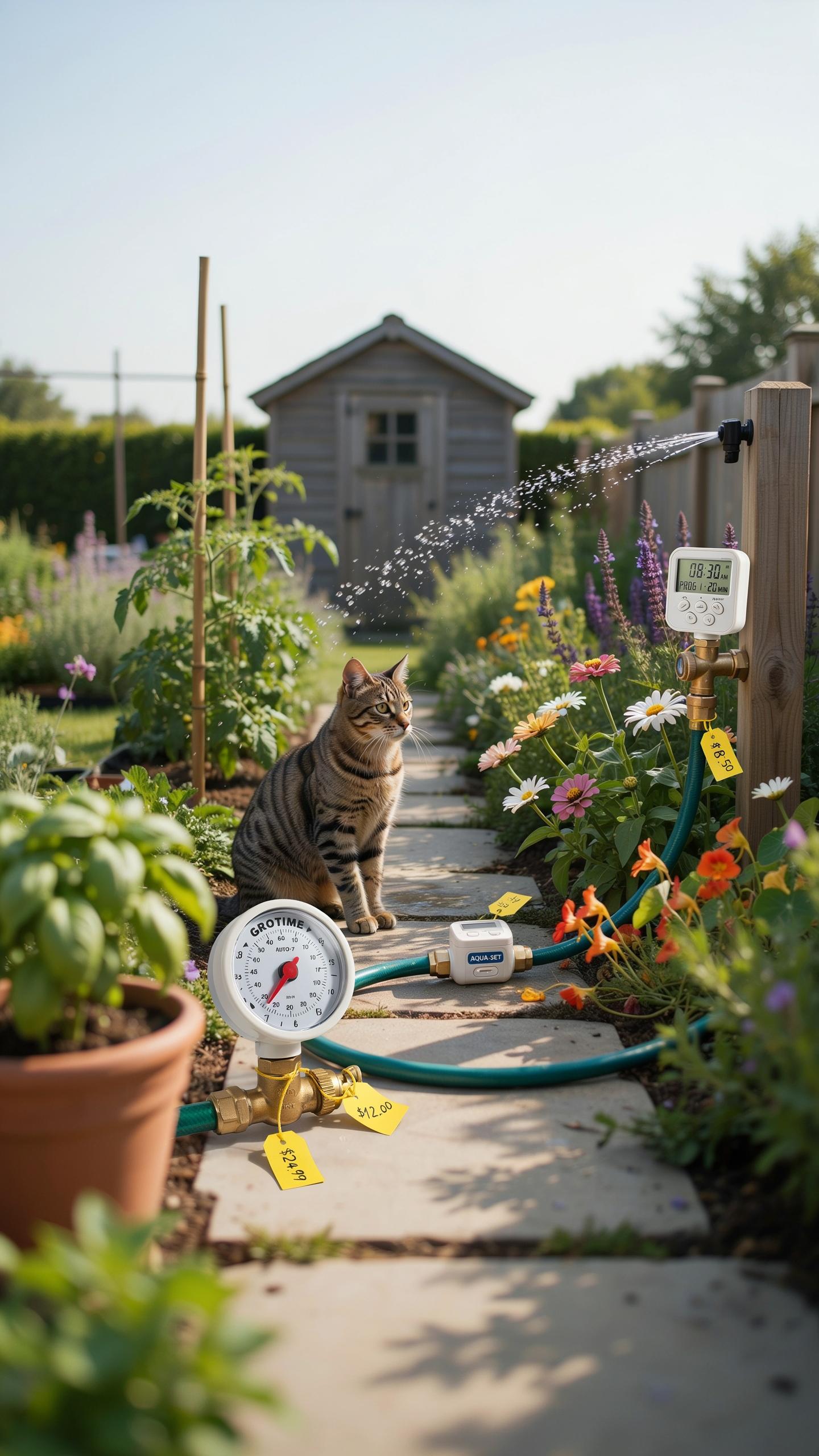 A tabby cat sits on a narrow stone path in a sunny garden, looking towards the viewer, with a water meter and hose in the foreground and a small woode