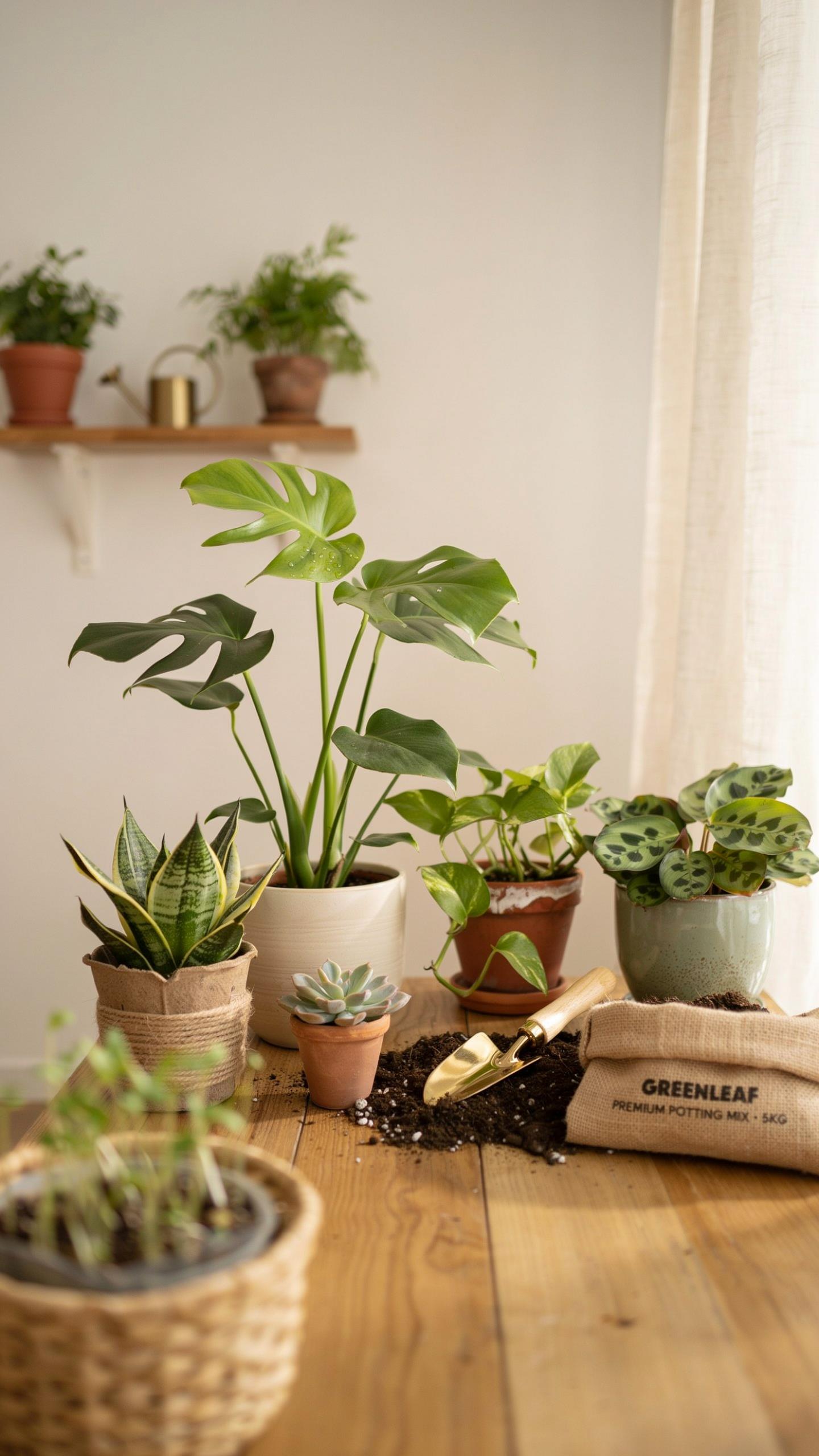 A variety of potted green houseplants are arranged on a wooden table, some with gardening tools and soil, in a brightly lit room with a shelf in the b