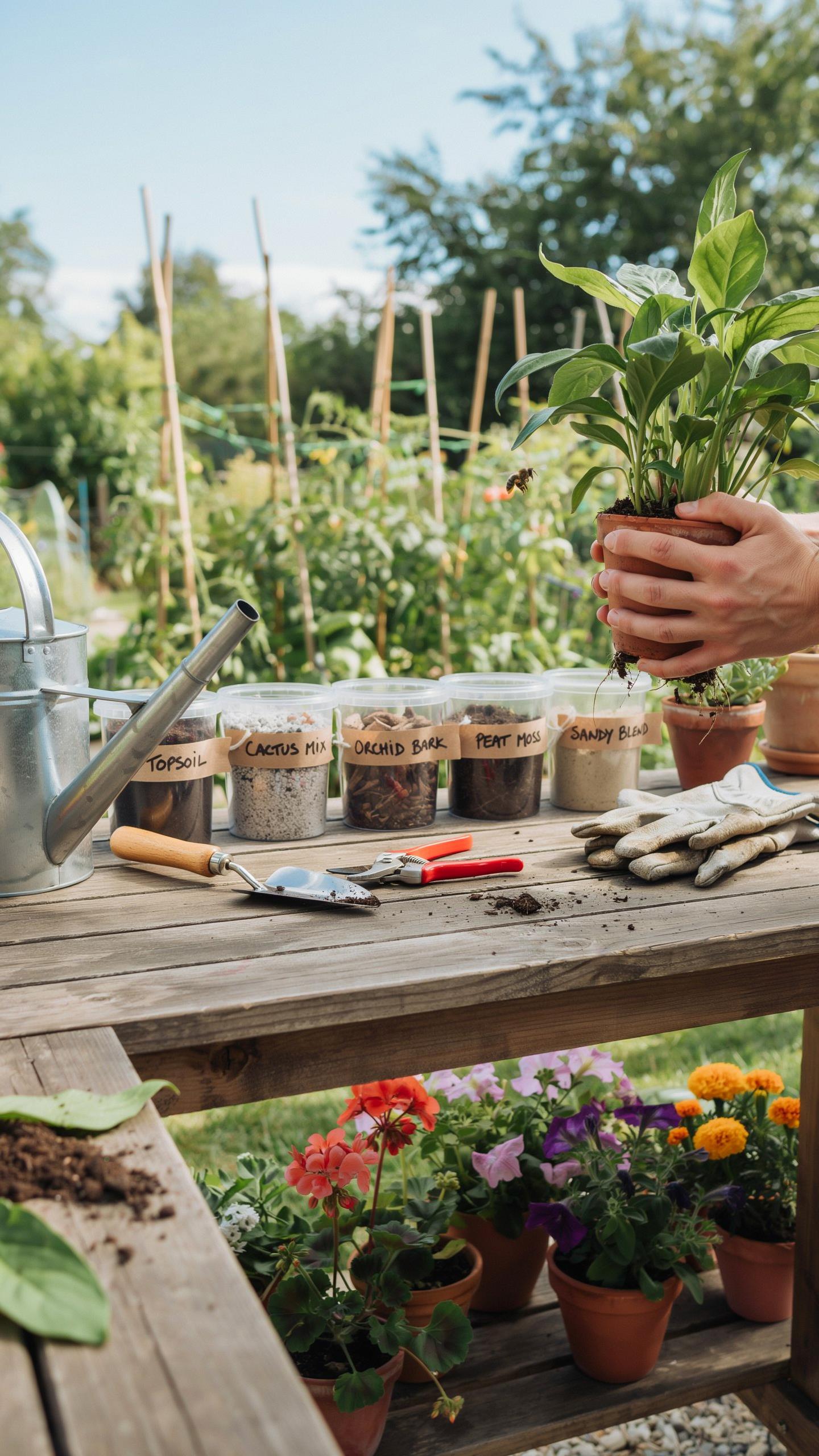 A person's hands hold a small potted green plant over a rustic wooden table laden with gardening supplies, including a metal watering can, trowels, gl
