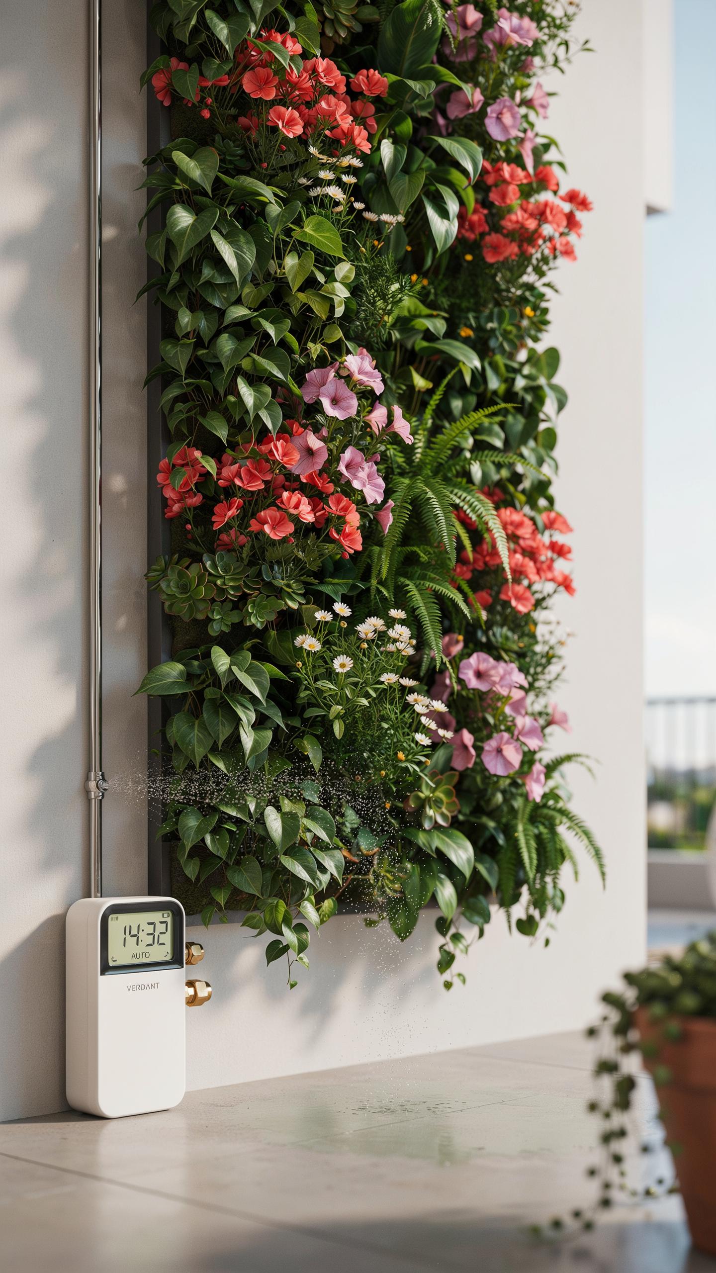 A white digital smart timer with a screen displaying '19:32' is mounted on a light grey wall next to a lush vertical garden filled with green foliage
