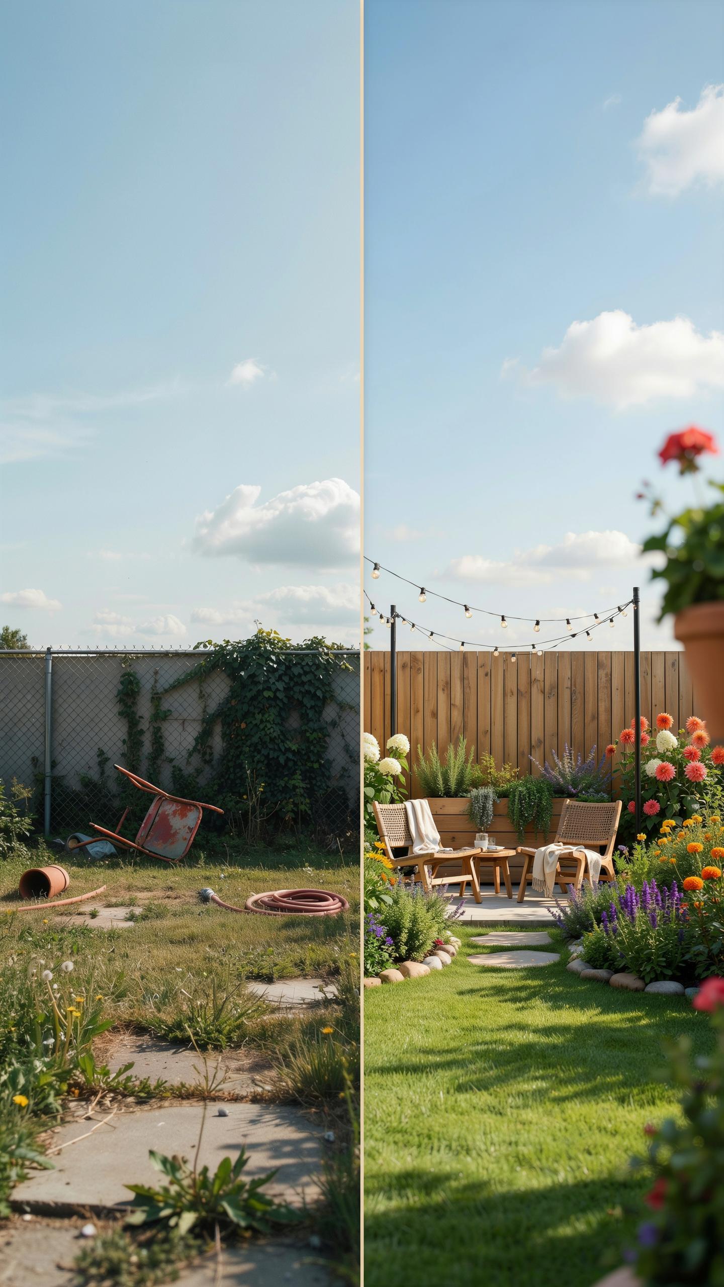 A split image shows a neglected backyard on the left and a beautifully landscaped and furnished backyard on the right, under a clear sky.