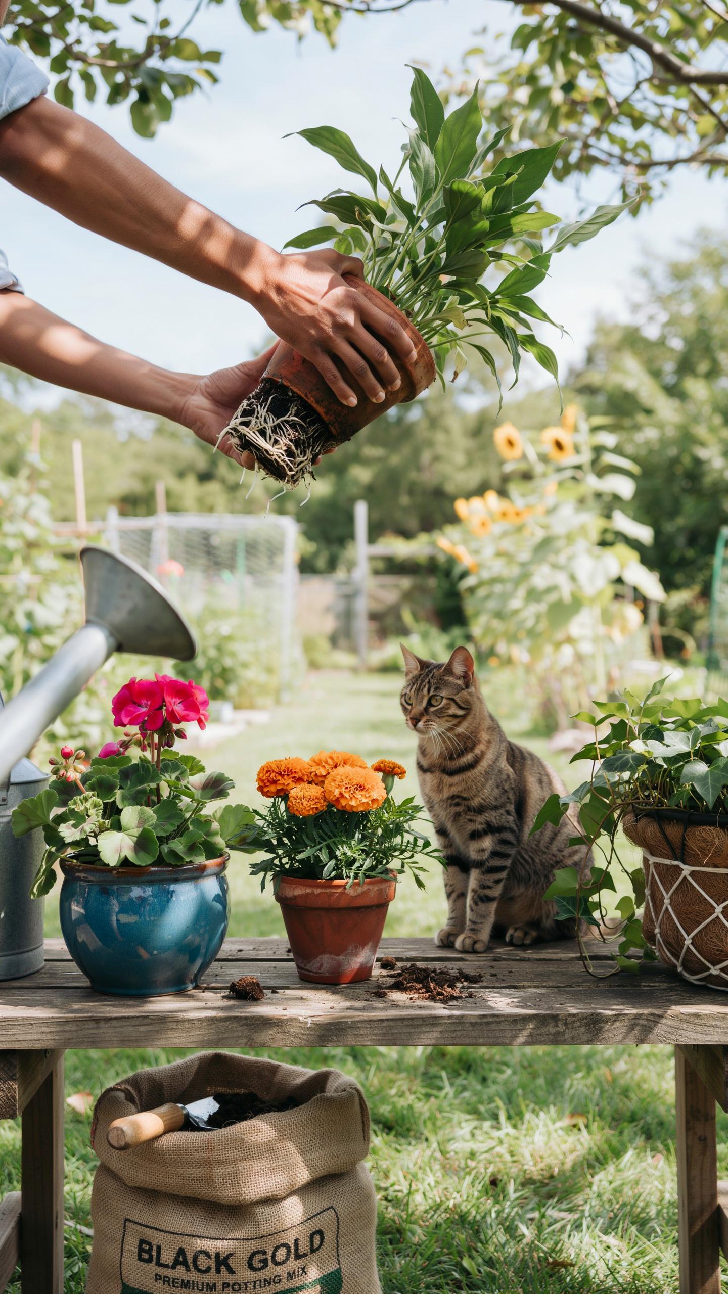 A person's hands gently prepare to transplant a leafy green plant with exposed roots from its plastic pot, holding it over a rustic wooden table laden