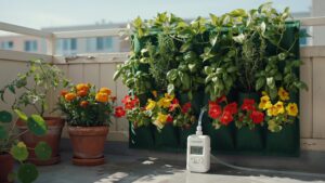 A vibrant balcony garden features a vertical planter on the right filled with lush green herbs and colorful red, orange, and yellow flowers, alongside