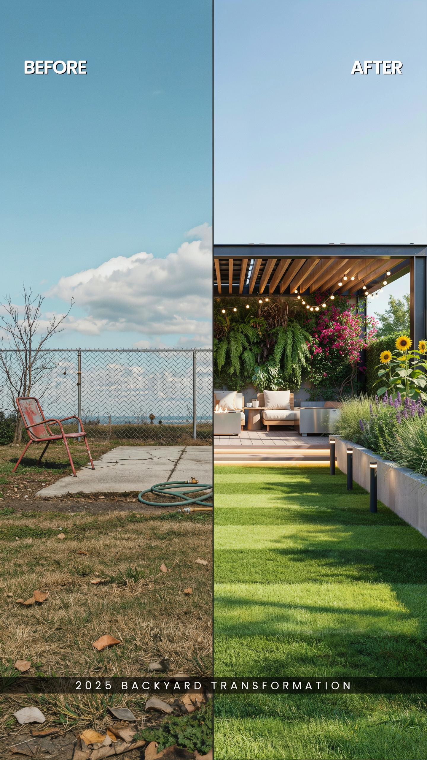 A split image shows a dilapidated backyard before and after a transformation. The 'before' side displays a sparse, overgrown yard with a rusty fence a