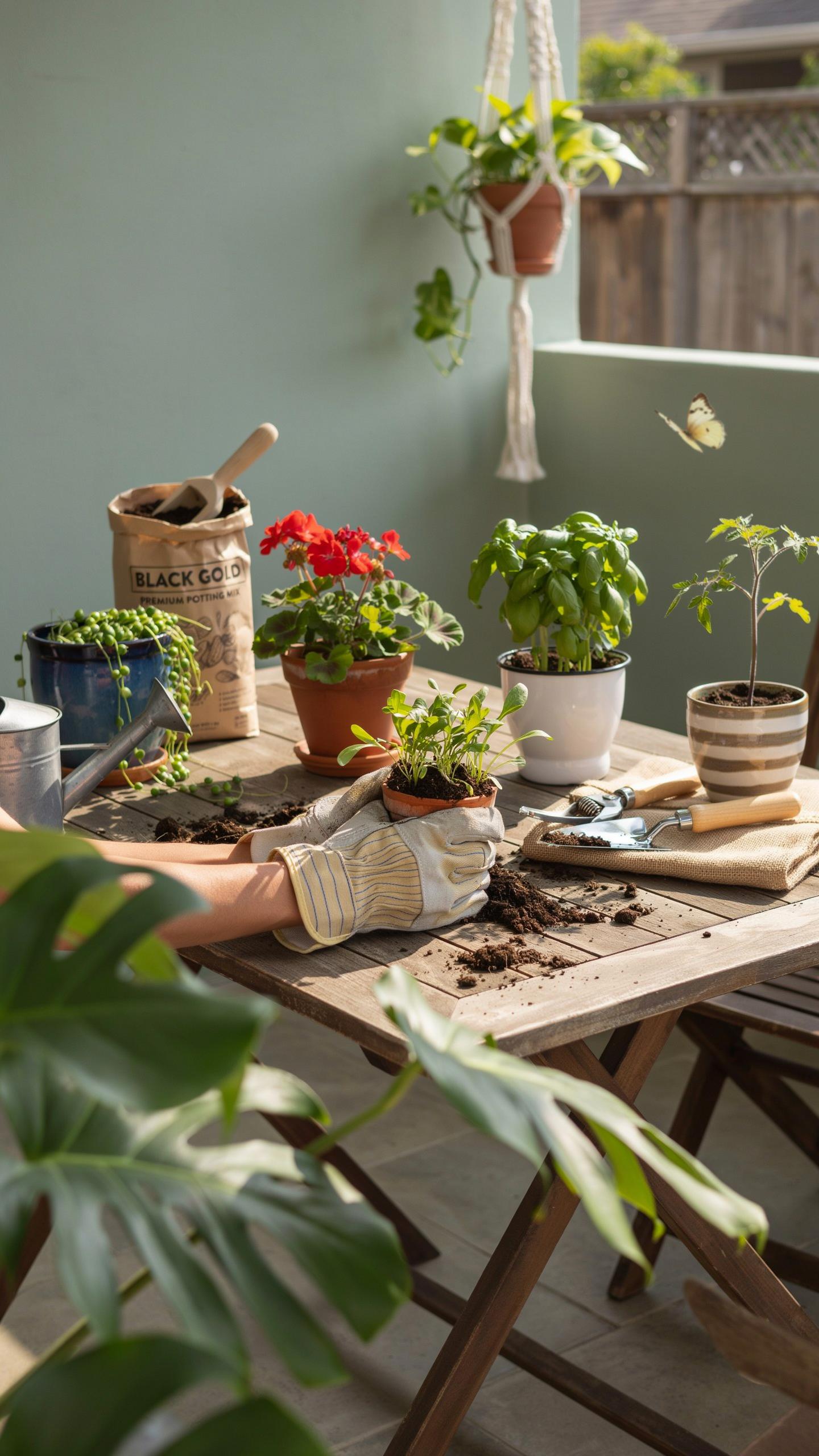 A person's arms are visible as they work on potting plants on a rustic wooden table on a patio, surrounded by various herbs, flowers, and gardening to