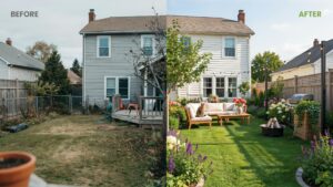 A split image shows a backyard before and after a complete landscaping renovation, with the left side depicting an overgrown, sparse lawn and a dilapi