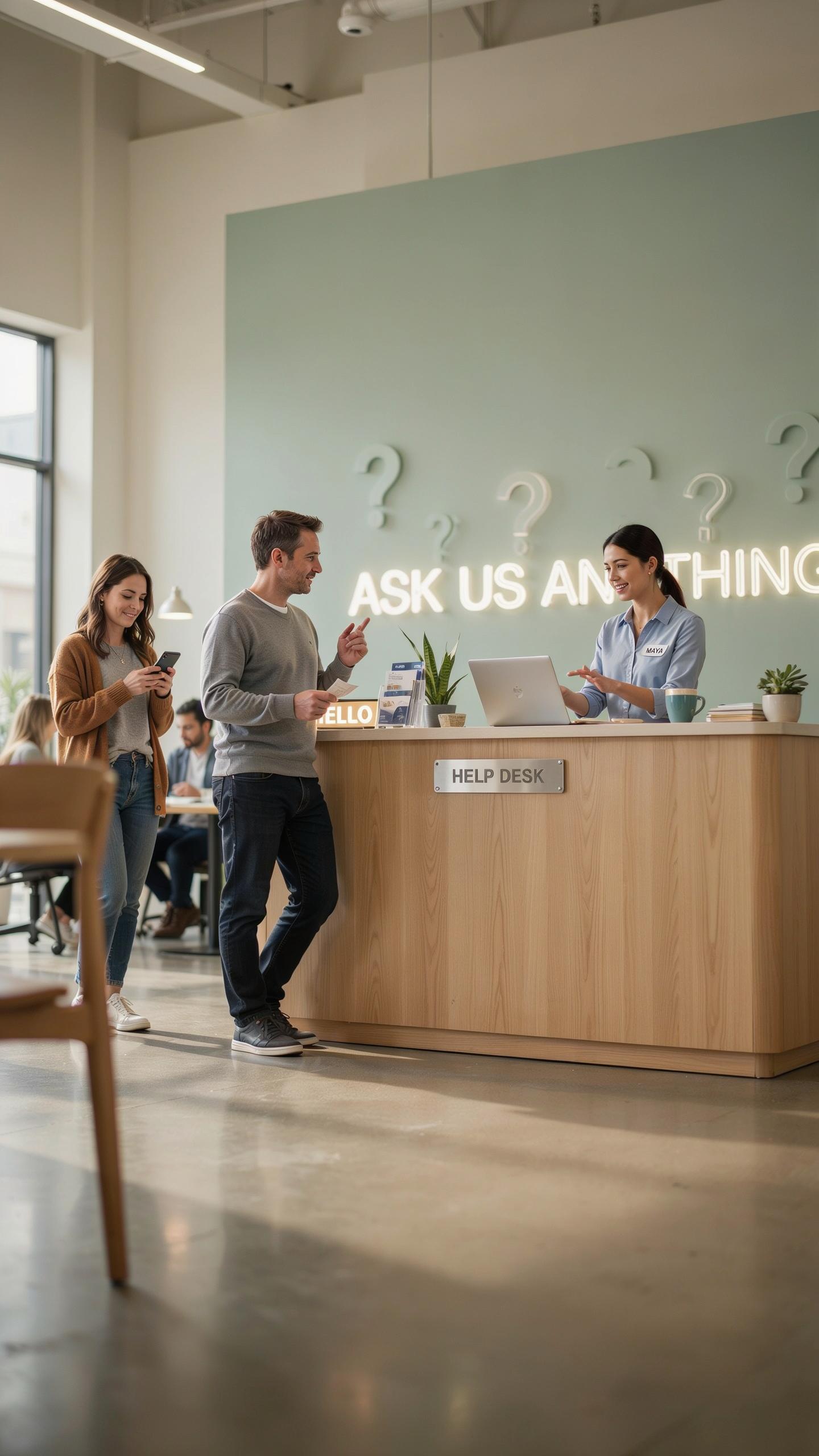 A man stands talking to a woman behind a light wood reception desk in a modern office space, while another woman stands nearby looking at her phone. T