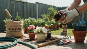 A person wearing gloves is transplanting a small herb plant from a terracotta pot on a rustic wooden table in a backyard garden, with a cat observing