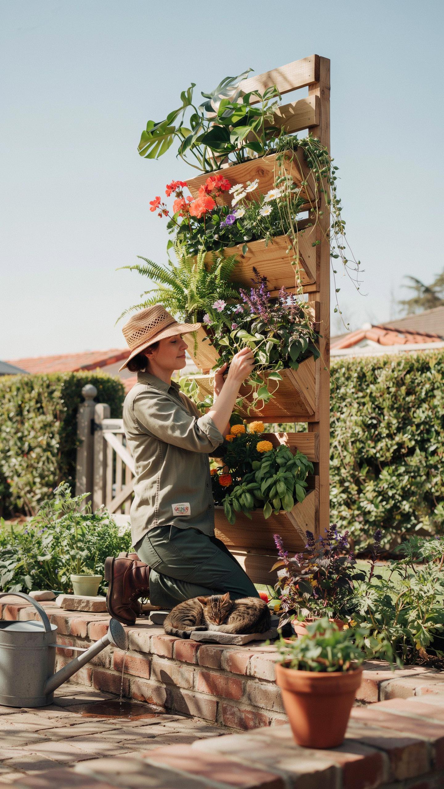 A person wearing a hat and work clothes kneels beside a tall wooden vertical garden, tending to the plants, with a cat sleeping nearby on brick steps