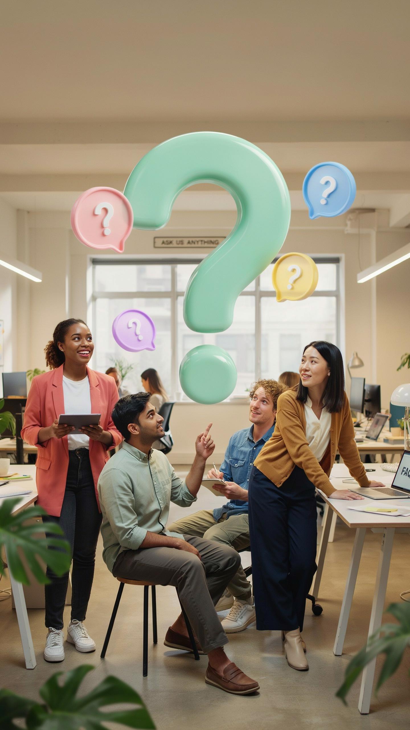 A diverse group of five smiling colleagues in a modern, brightly lit office, surrounded by large and small pastel-colored 3D question mark icons float