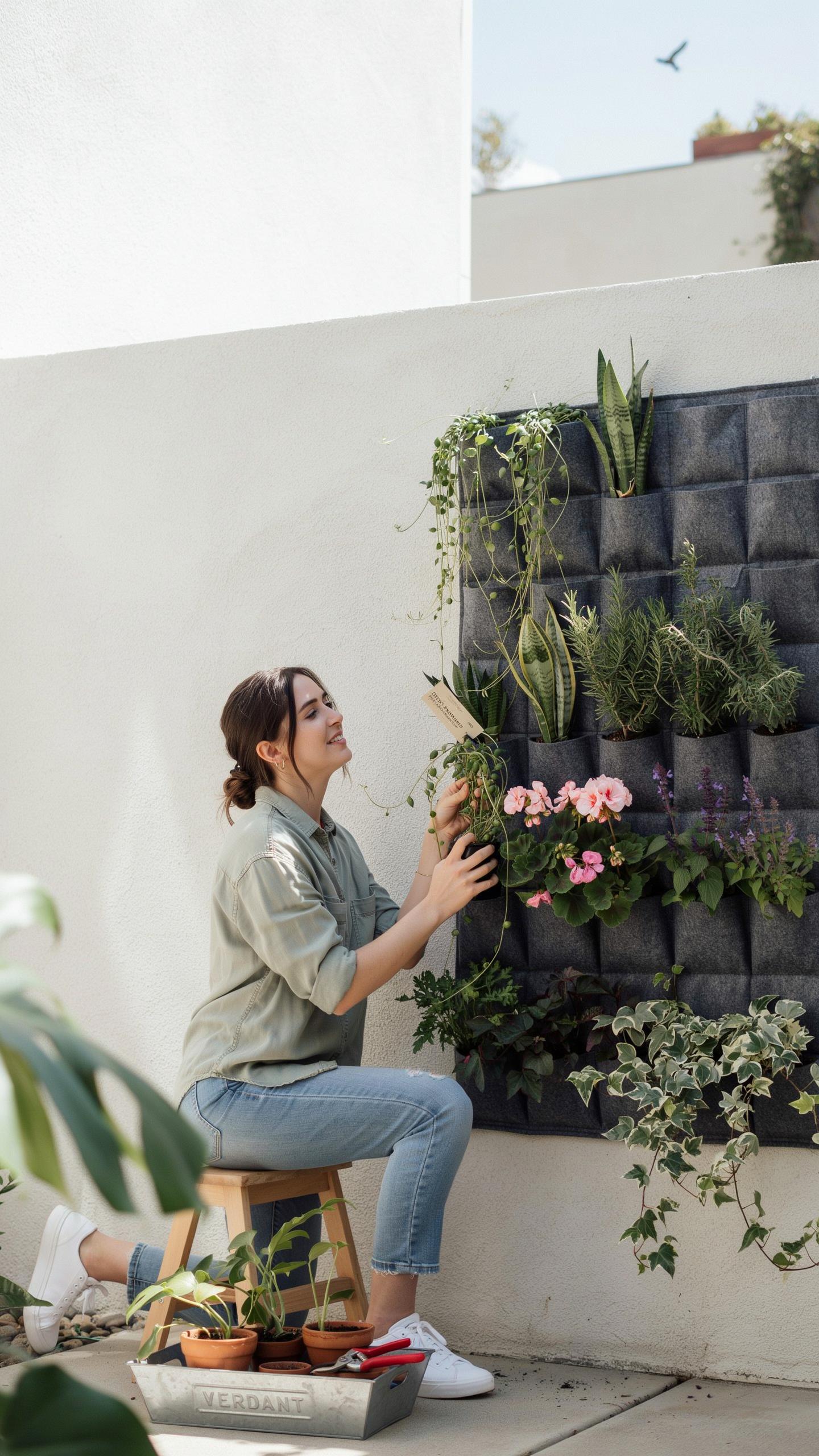 A young woman with brown hair tied back sits on a wooden stool, wearing a light green button-up shirt and blue jeans, looking up and reaching towards