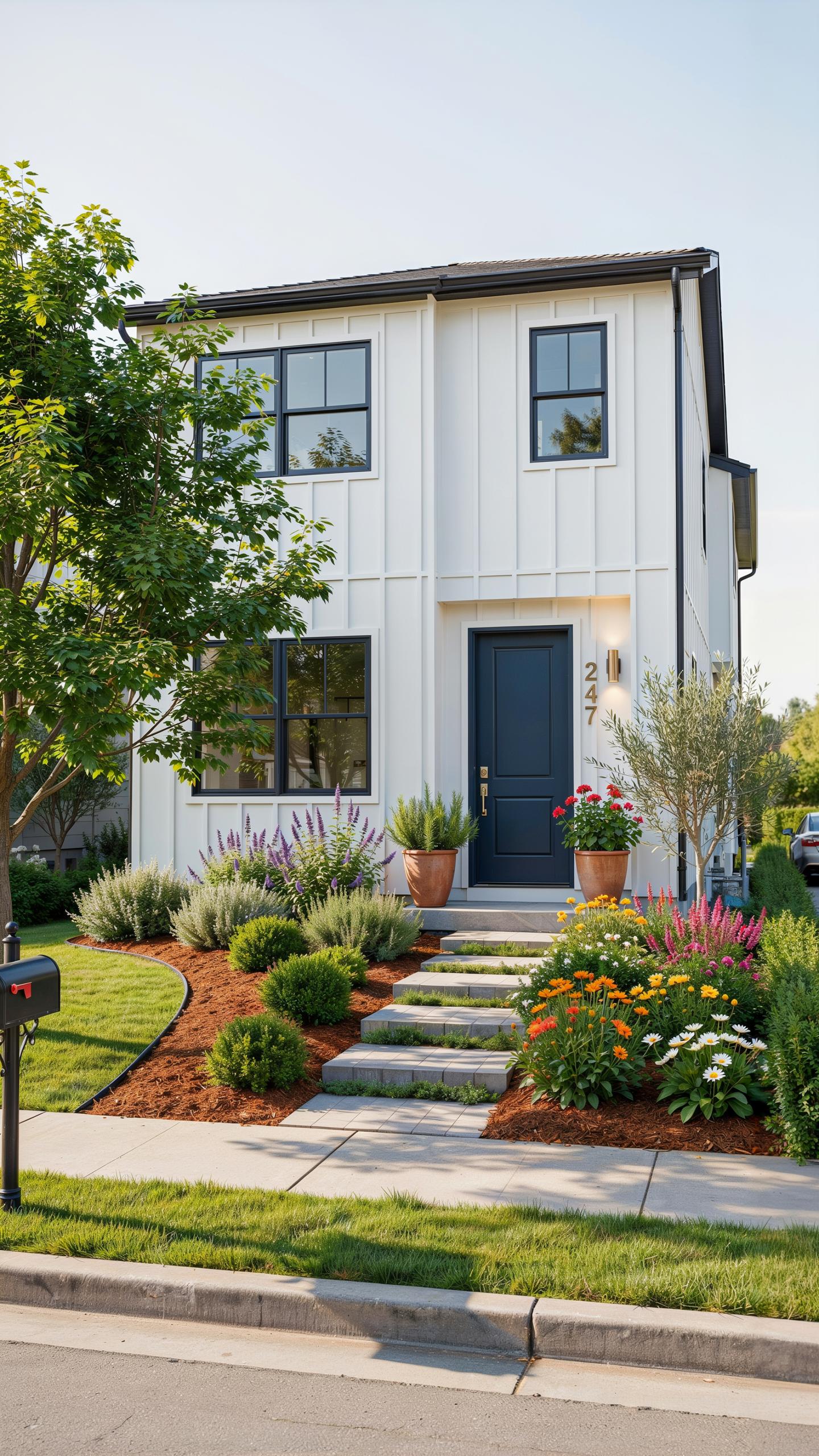 A modern two-story white house with board and batten siding, black-framed windows, and a dark blue front door is set amidst a lush, colorful garden an