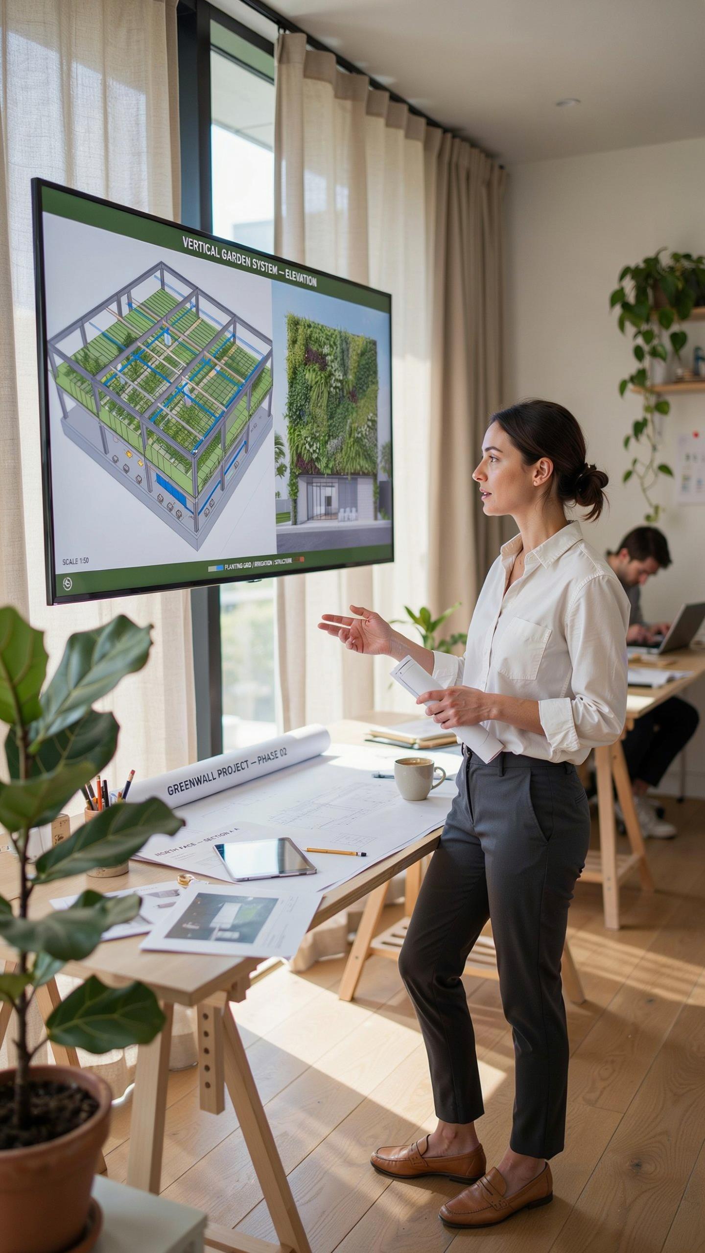 A woman with dark hair, wearing a white shirt and dark pants, stands in a brightly lit office, gesturing towards a large screen displaying architectur