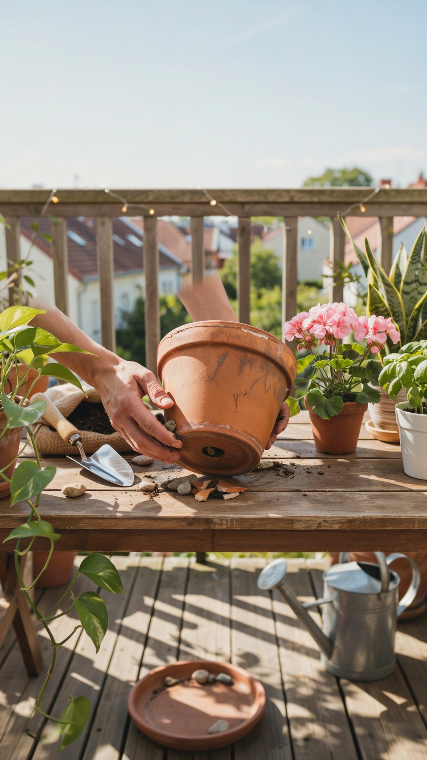 A person's hands are seen on a wooden deck, tipping an empty terracotta pot over a wooden table covered with small stones and gardening tools, with va