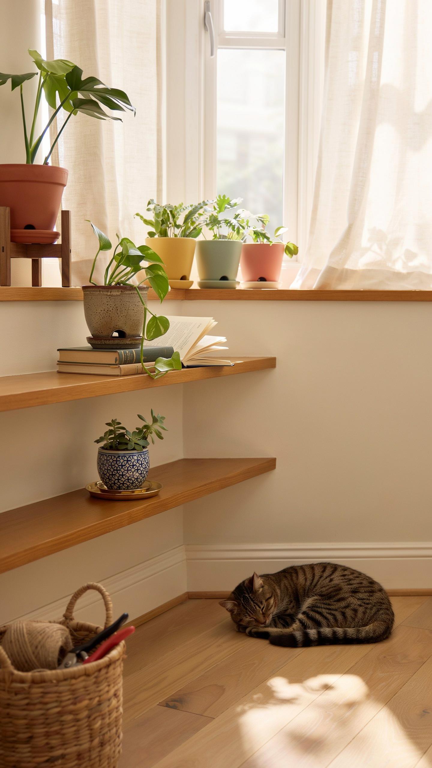A cozy corner features a tabby cat sleeping on a light wood floor next to a wicker basket, with two wooden floating shelves above it holding potted pl