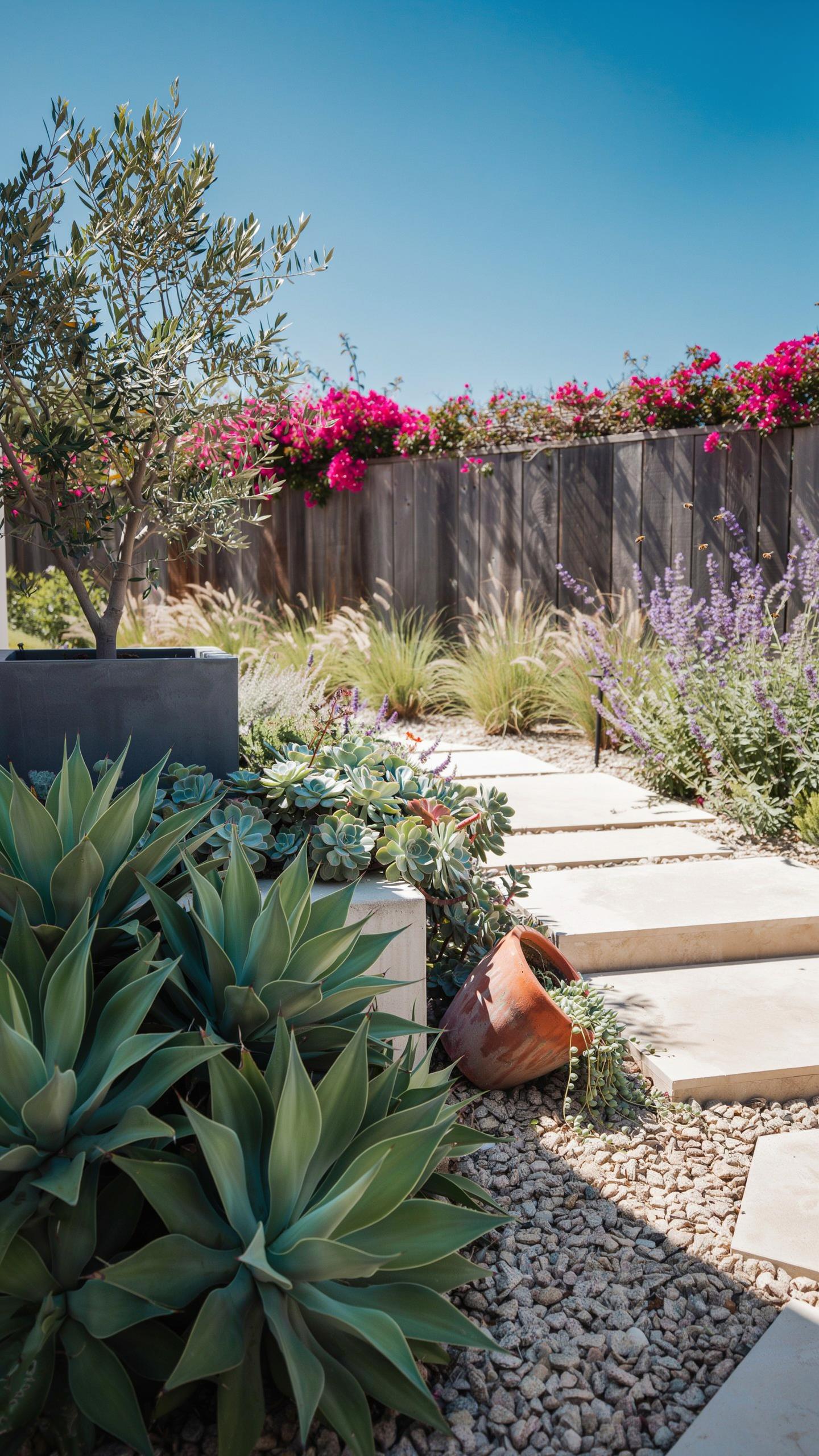 A vibrant garden path features large agave plants and succulents in the foreground, with concrete stepping stones leading past a terracotta pot and va