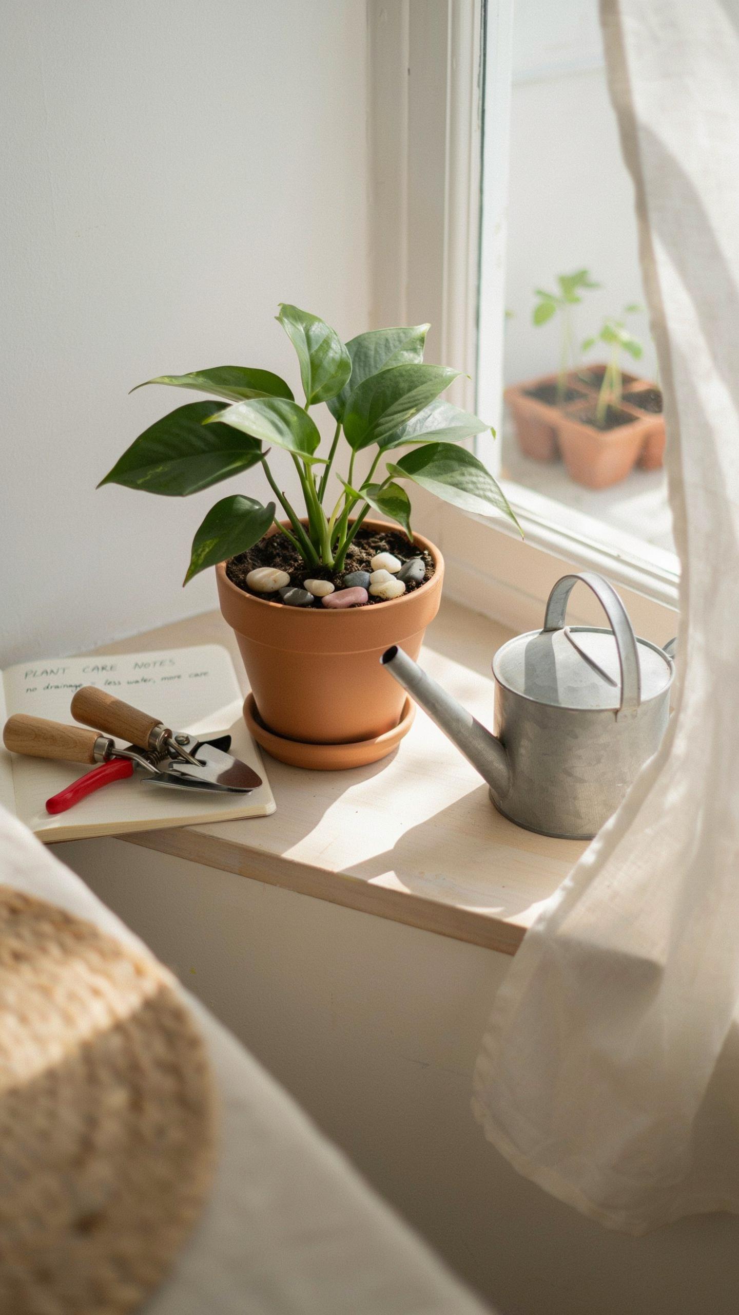 A potted green plant with white pebbles sits on a sunlit windowsill next to a small silver watering can and gardening tools, with a sheer white curtai