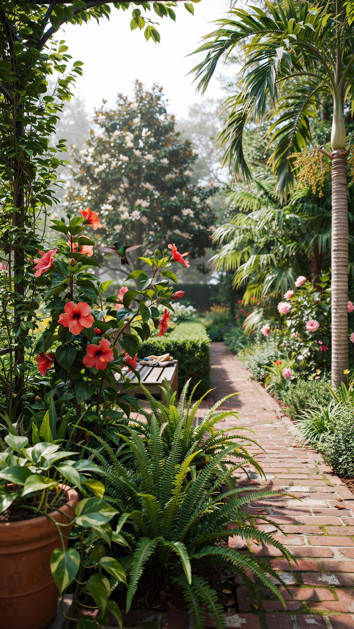 A narrow brick pathway winds through a lush, verdant garden filled with tropical plants, red hibiscus flowers, ferns, and tall palm trees, leading to