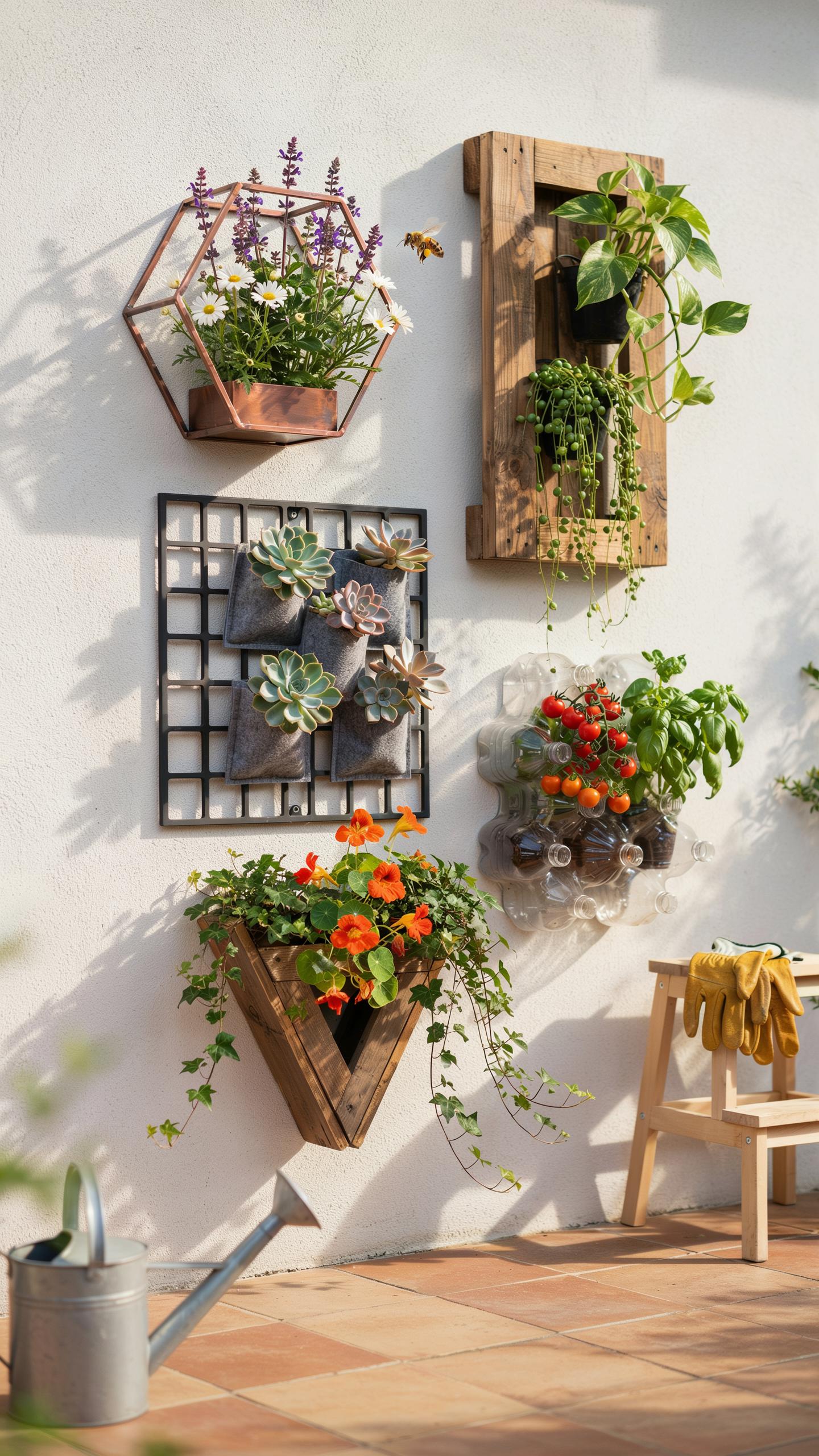 Various wall-mounted planters, including a geometric copper one, a rustic wooden box, a black grid with fabric pouches, and a V-shaped wooden planter,