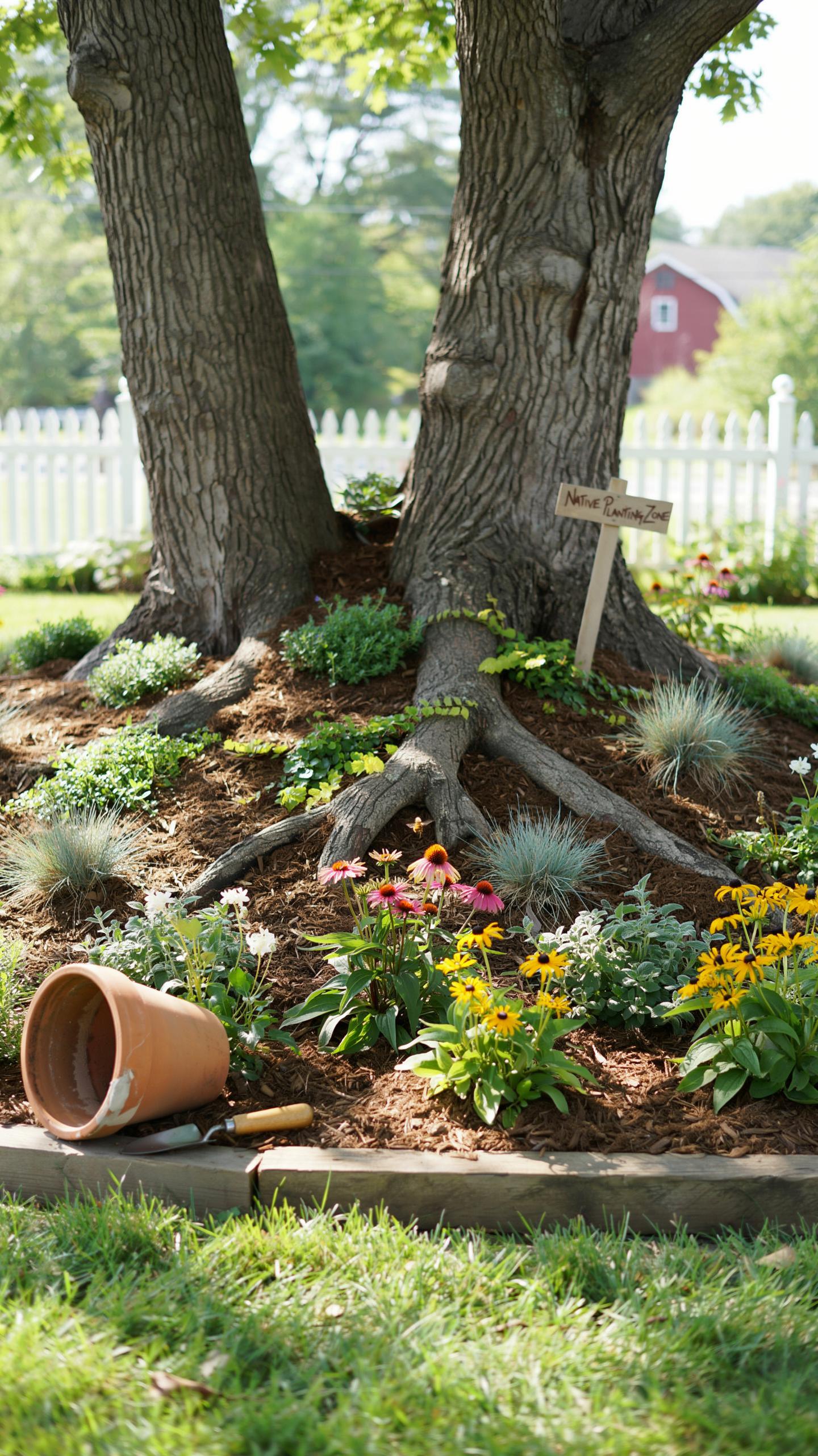 A close-up view of two large tree trunks with exposed roots, surrounded by a freshly planted garden bed with mulch and various small plants, including
