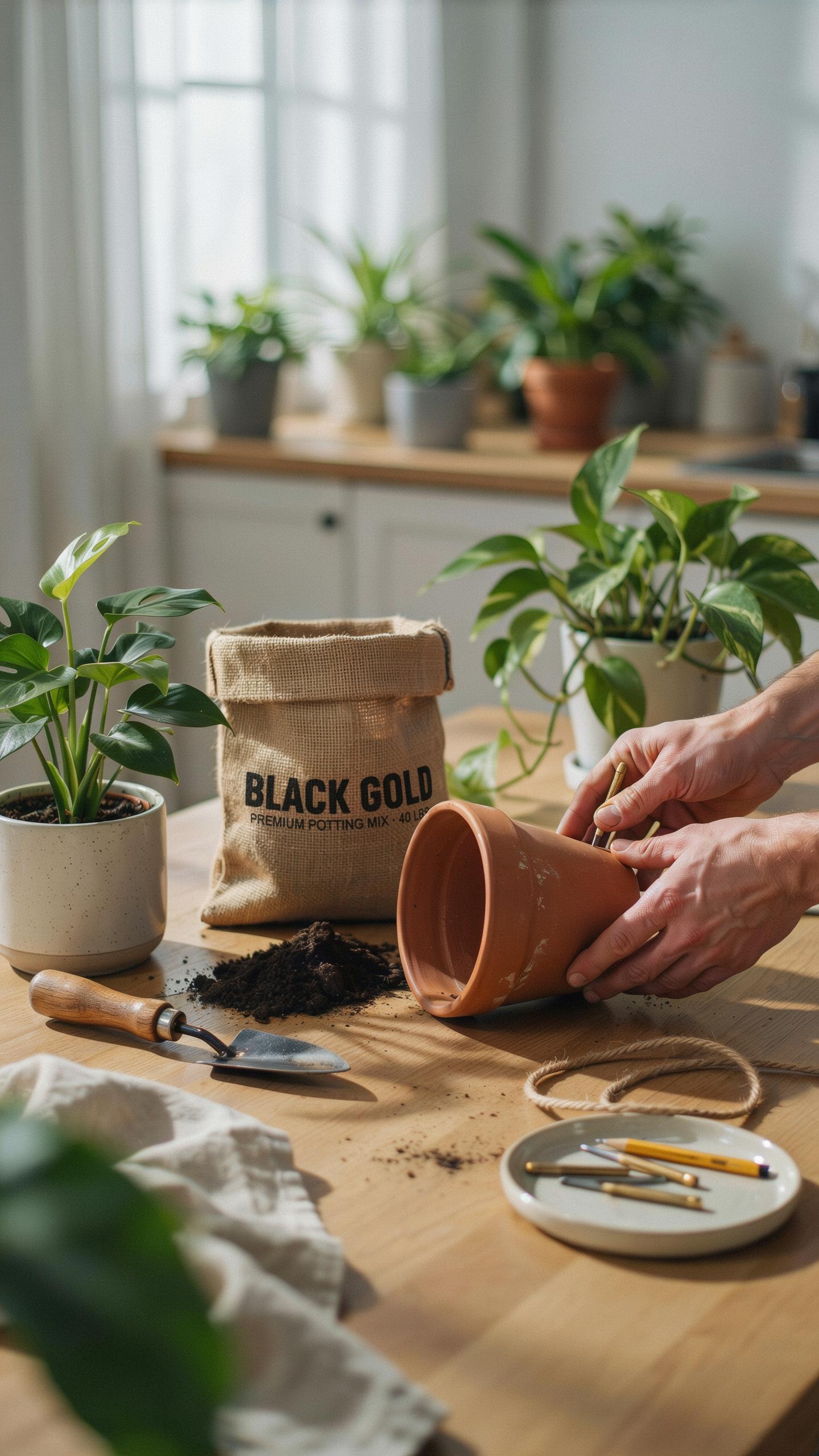 A pair of hands prepares a terracotta pot for repotting on a wooden table, next to a burlap bag of 'Black Gold' soil, gardening tools, and potted plan