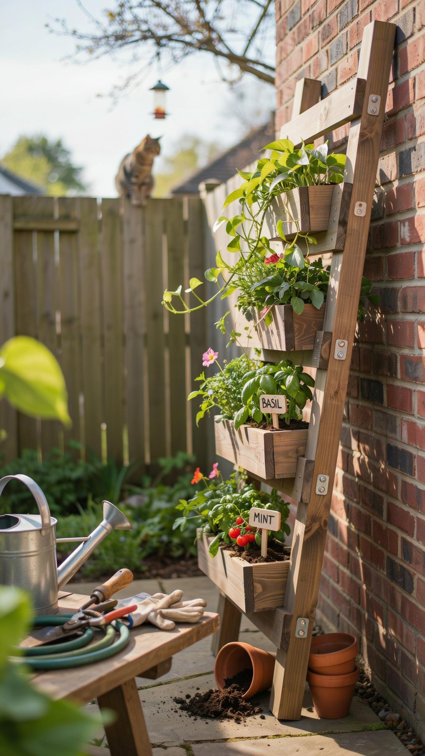 A brown wooden leaning ladder planter stands against a red brick wall, filled with various green herbs and small flowering plants in wooden boxes, wit