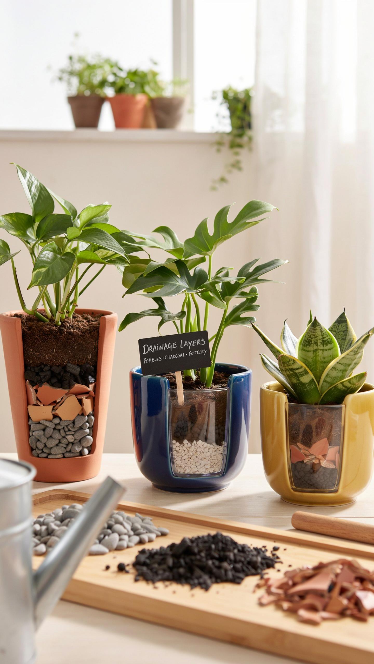 Three potted plants are arranged on a wooden surface, with the potting medium and drainage layers visible through clear sections of the pots. In the f