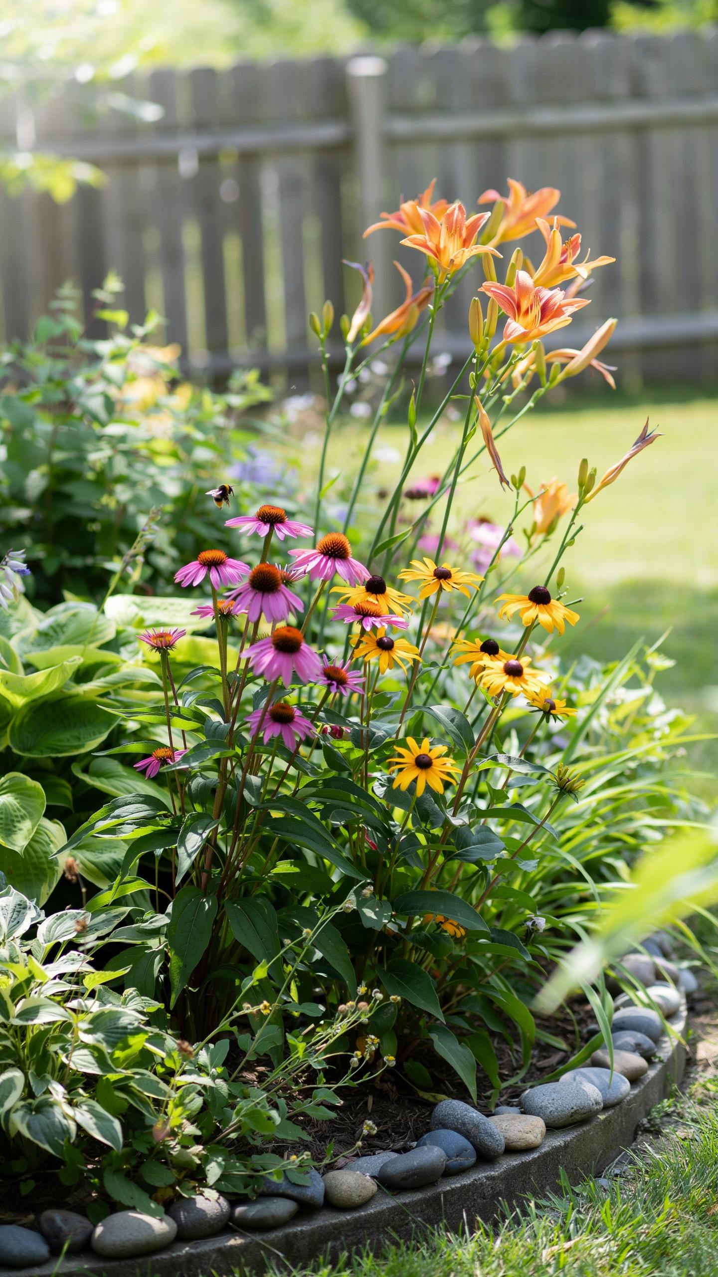 A vibrant garden bed bursts with colorful flowers including orange daylilies, purple coneflowers, and yellow black-eyed Susans, framed by lush green f