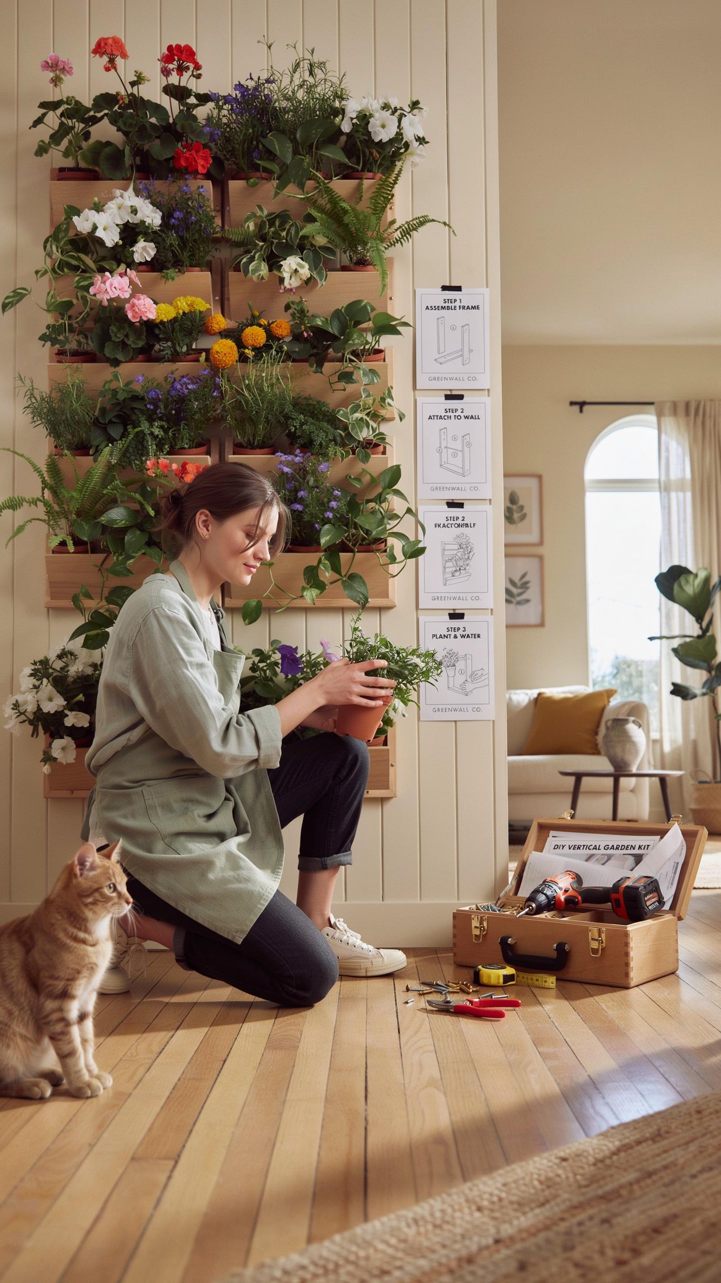 A smiling young woman in an apron kneels on a light wooden floor, repotting a plant in a brown pot, while a tabby cat sits beside her. Behind her is a