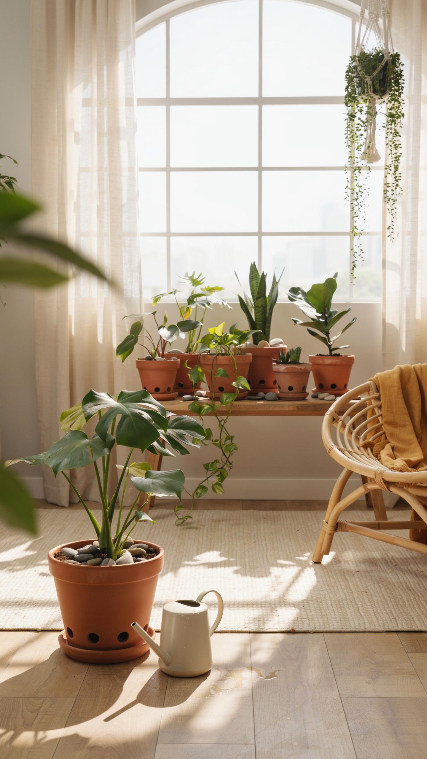 A brightly lit indoor plant haven features numerous potted green plants on a wooden shelf in front of a large arched window with white frames, a large