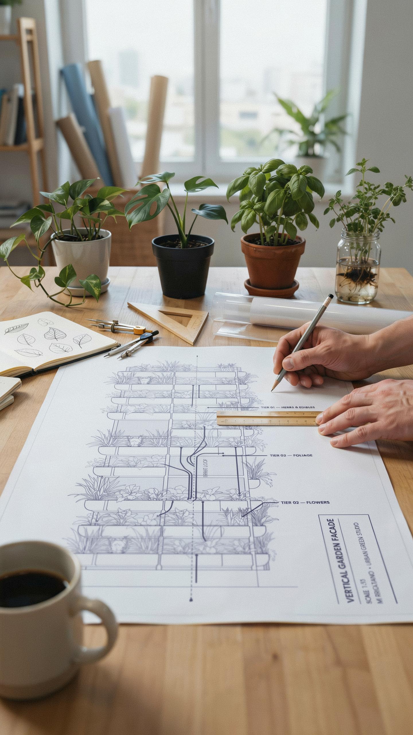 A person's hands are seen working on a detailed architectural blueprint laid out on a wooden desk, surrounded by potted plants, drawing tools, and a c