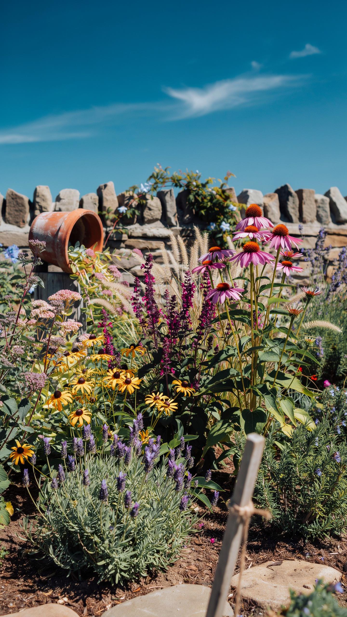 A vibrant garden bed bursts with colorful flowers like purple coneflowers, yellow black-eyed Susans, and lavender, with an overturned terracotta pot s