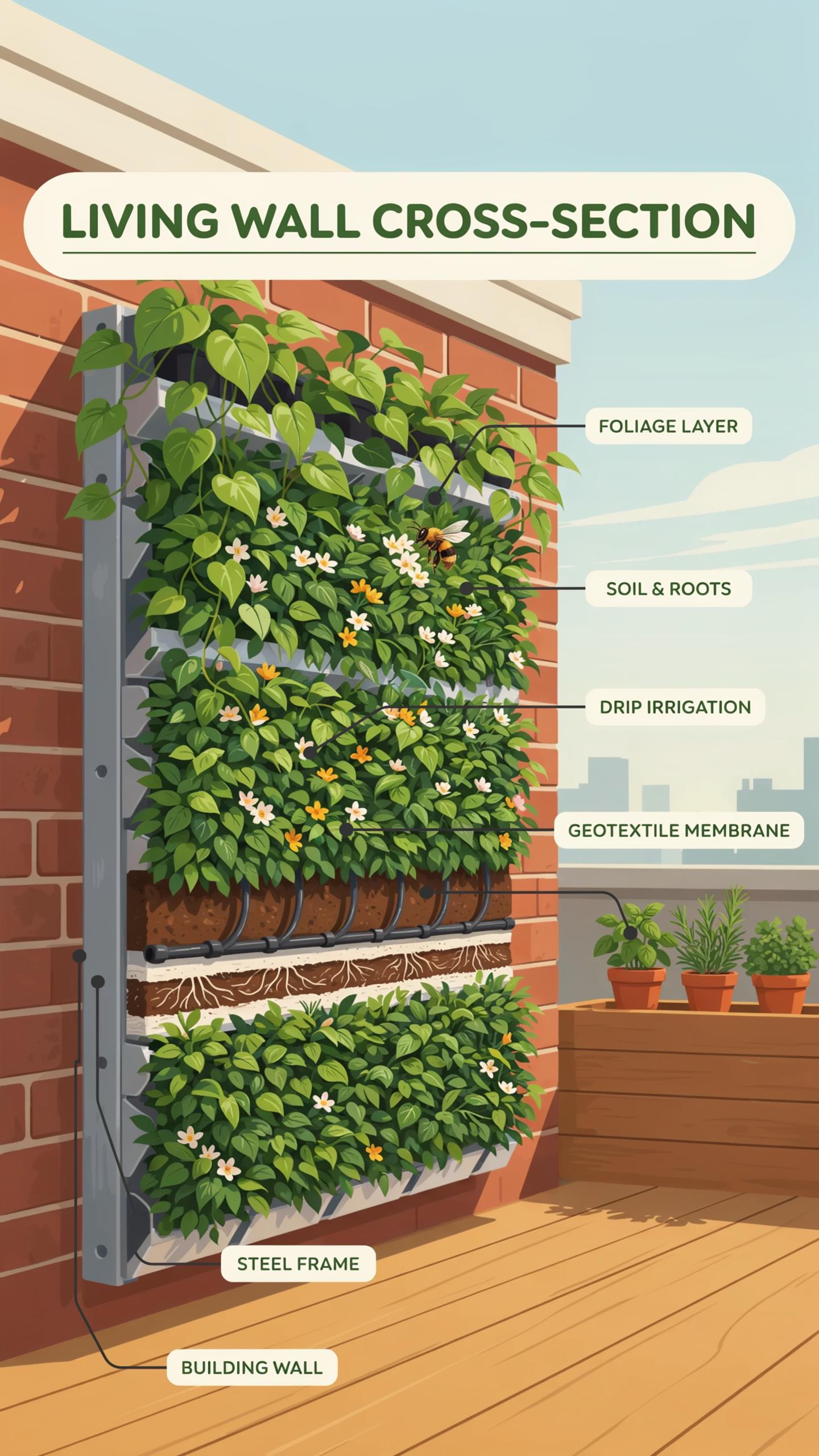 A colorful, cartoon-style cross-section diagram of a vertical living wall attached to a red brick building wall, showing layers of plants, soil, a dri