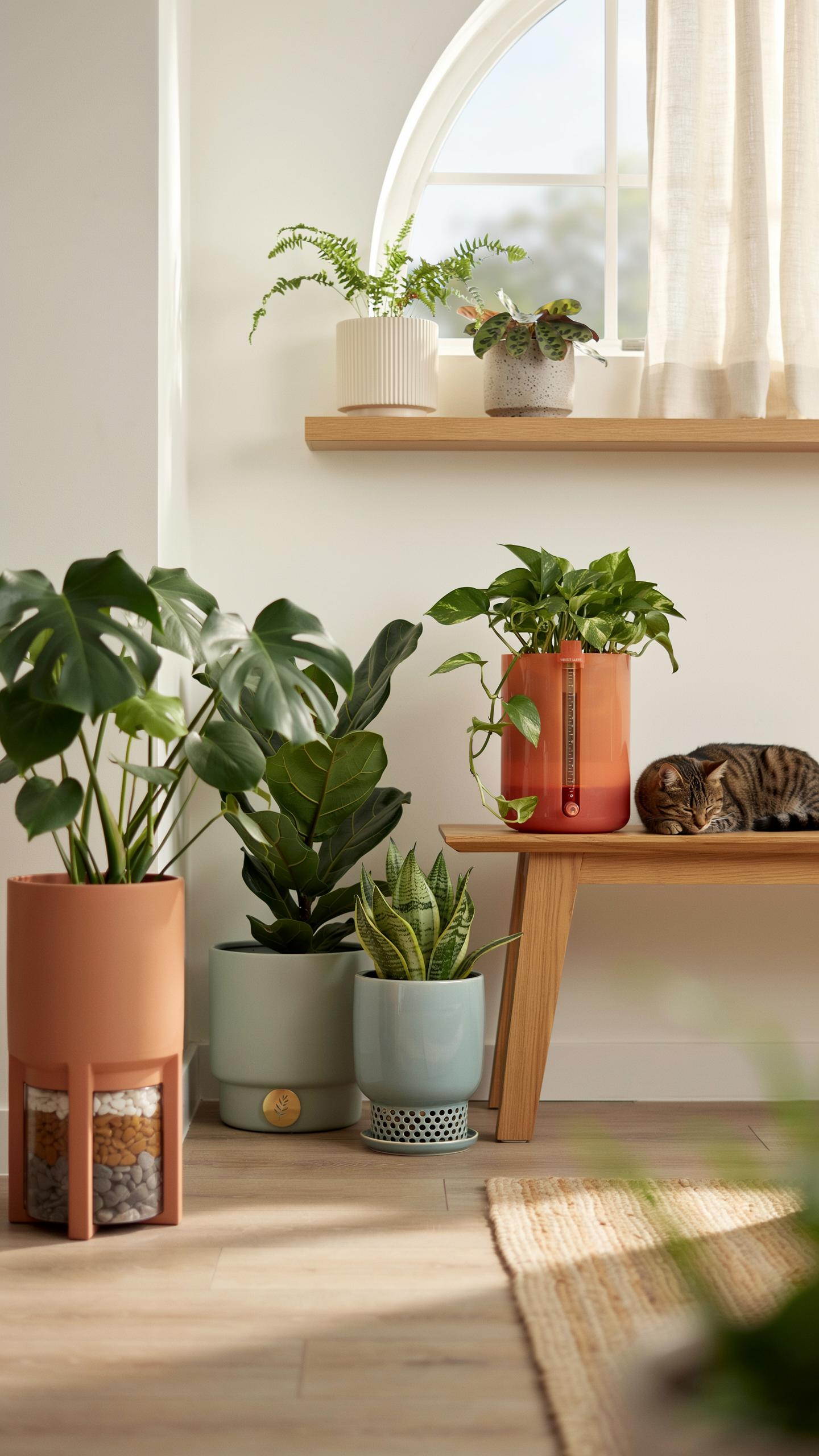 A sunlit indoor scene features several potted plants in various terracotta and pastel-colored planters, some with self-watering features, arranged on