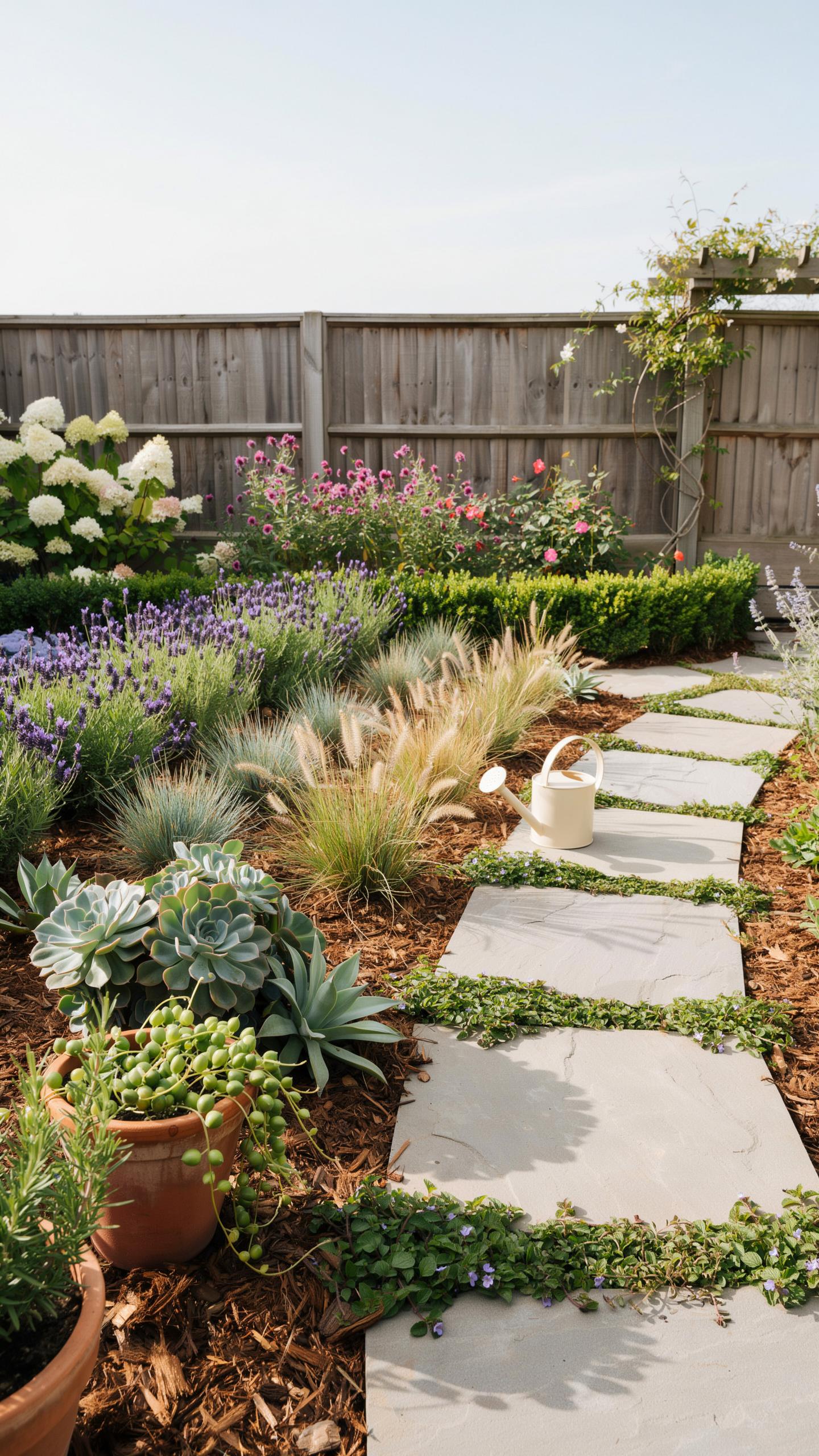 A meandering path of large square stepping stones, partially covered with creeping ground cover, leads through a lush and diverse garden with various