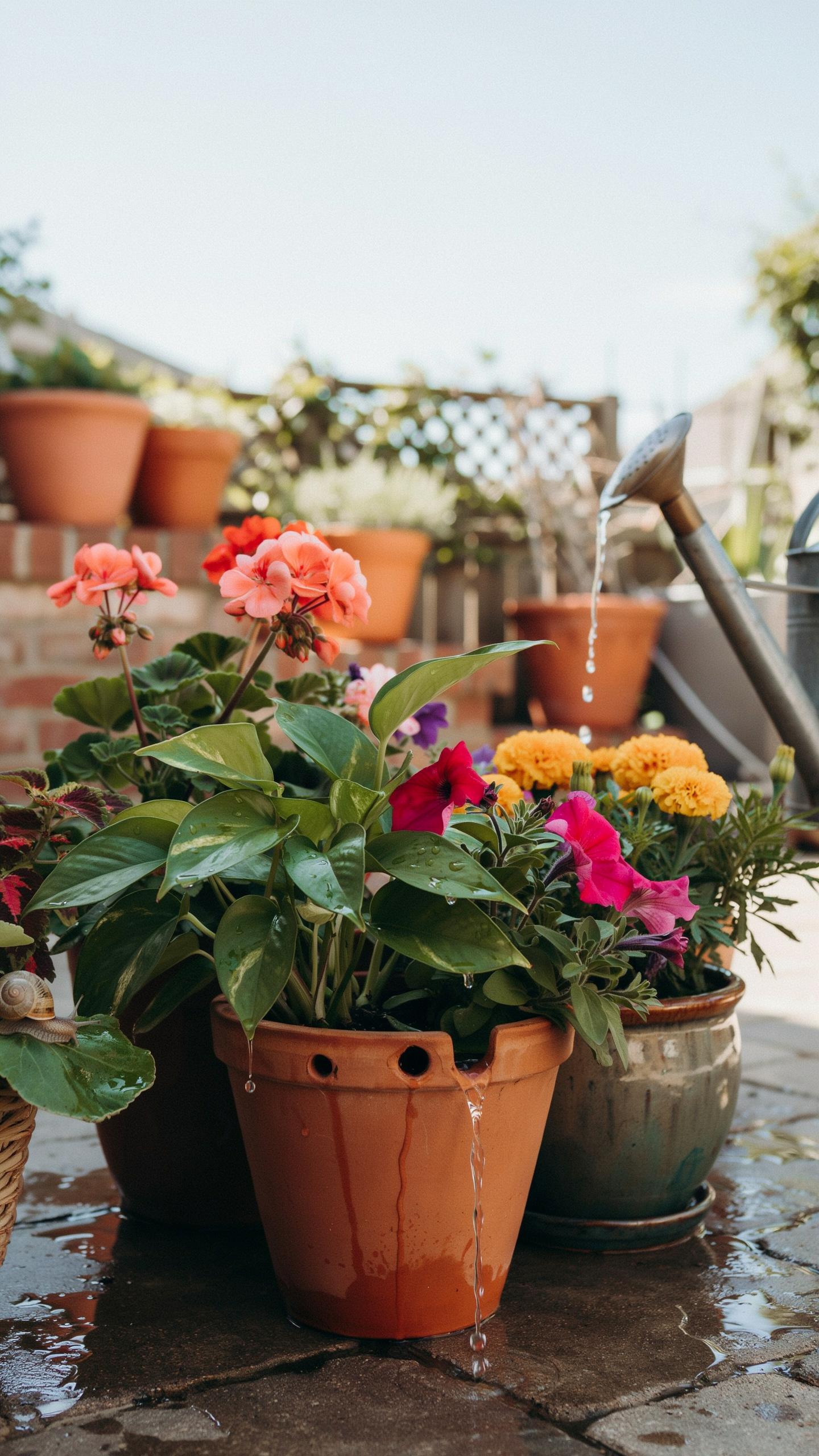 A close-up view shows a person watering several potted flowering plants on a paved patio with a metal watering can, spilling water onto the ground.