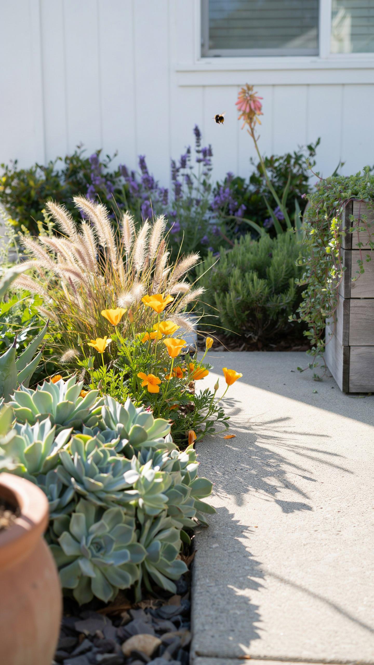 A vibrant garden path features a variety of drought-tolerant plants, including light green succulents, orange poppies, feathery ornamental grasses, an