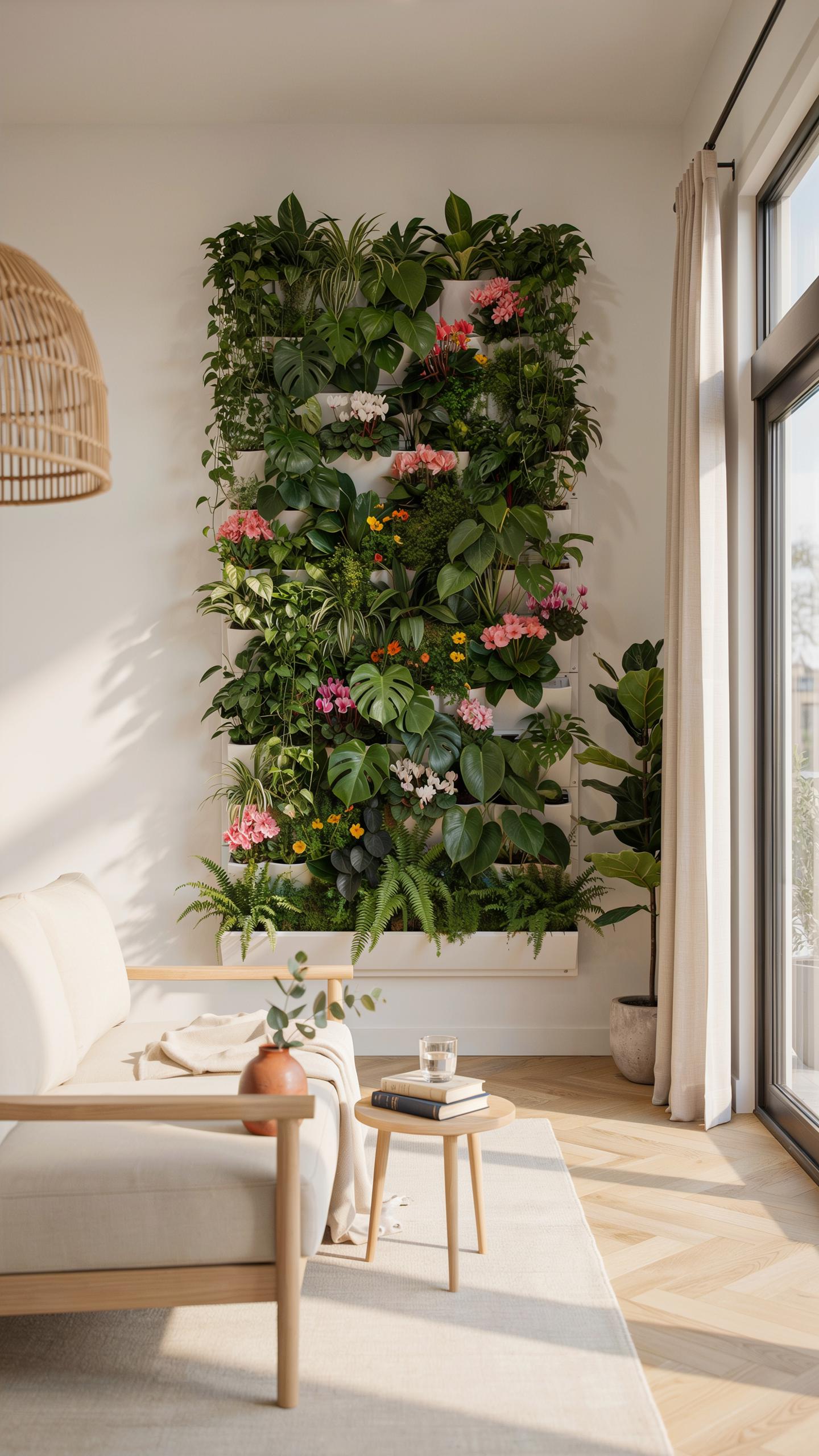 A brightly lit living room features a large vertical garden wall filled with various green plants and pink flowers, positioned behind a light wood sof