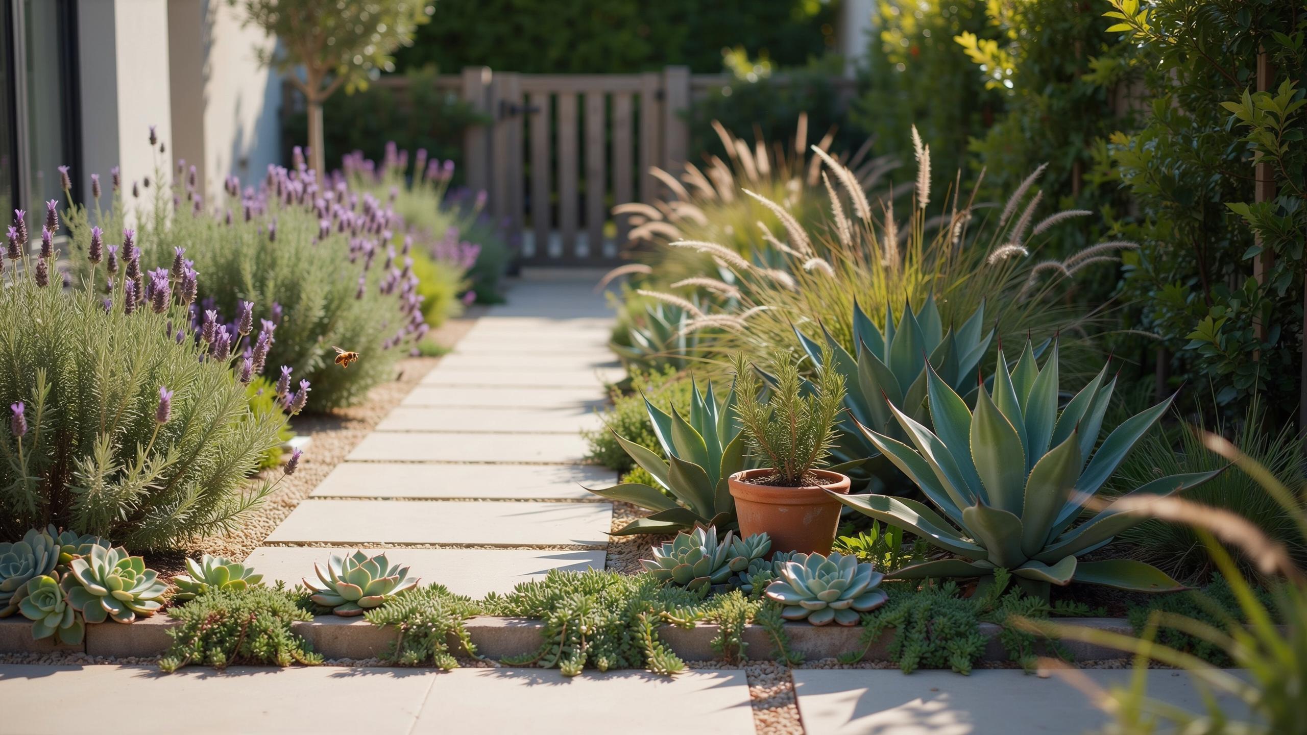A narrow, light-colored flagstone path leads through a drought-tolerant garden, bordered by purple lavender on the left and various succulents and orn