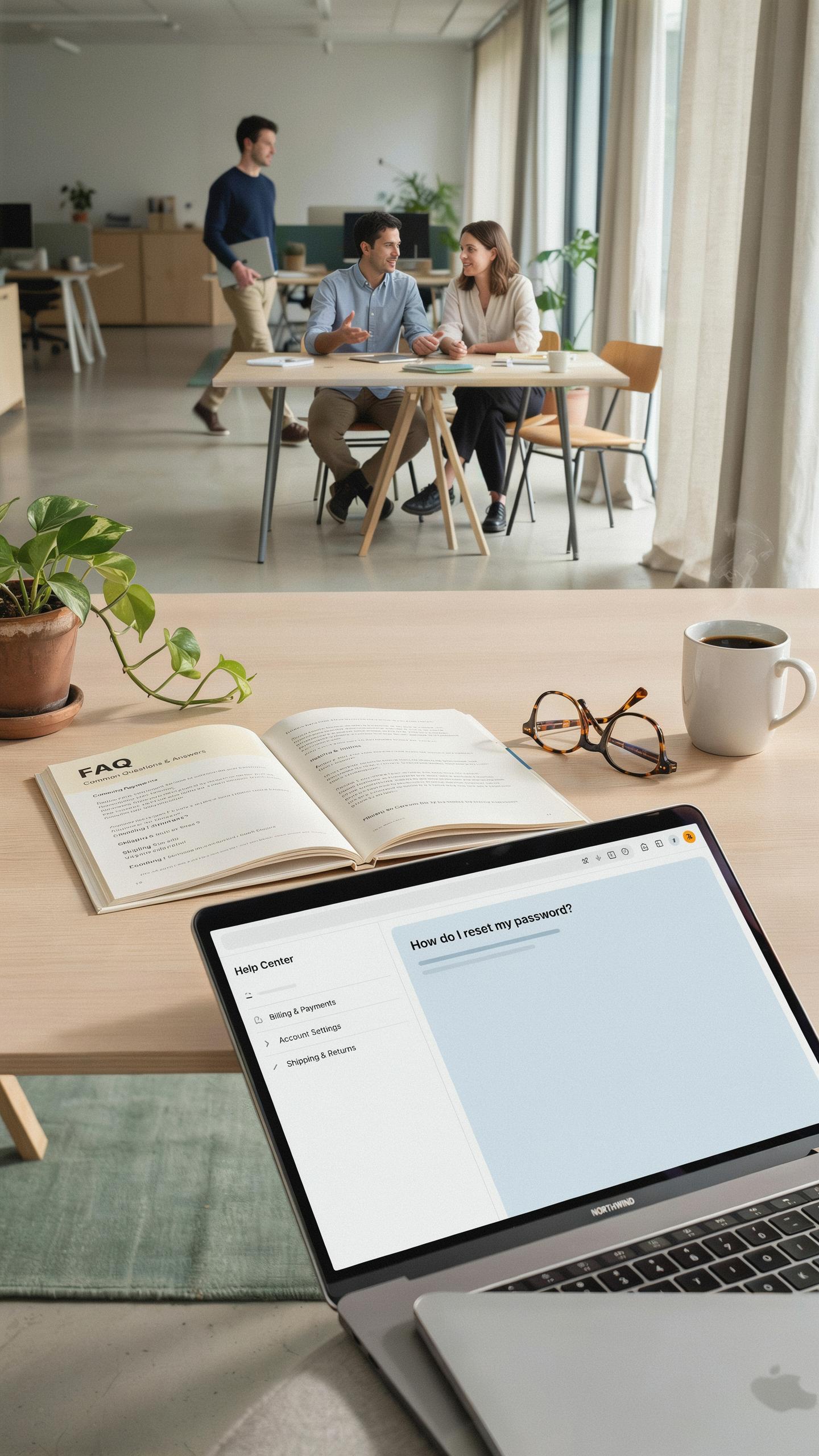A close-up shot of a laptop on a light wooden desk, displaying a user interface with text input. In the background, out of focus, two people sit at a