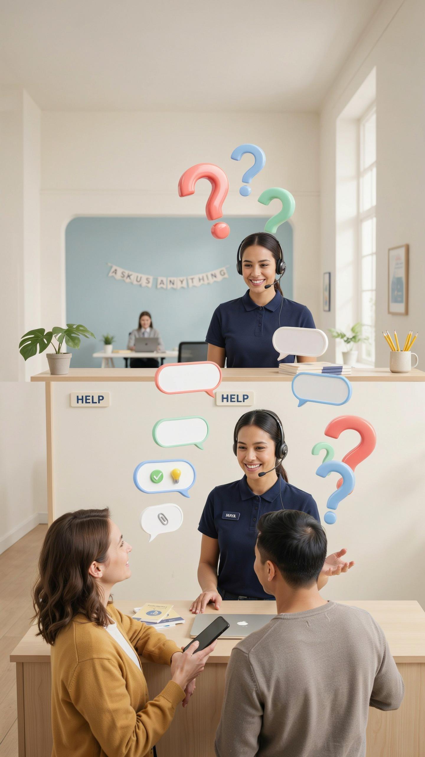 Two customer service representatives with headsets stand behind a light wooden reception desk, engaging with two customers in front of them, while a t