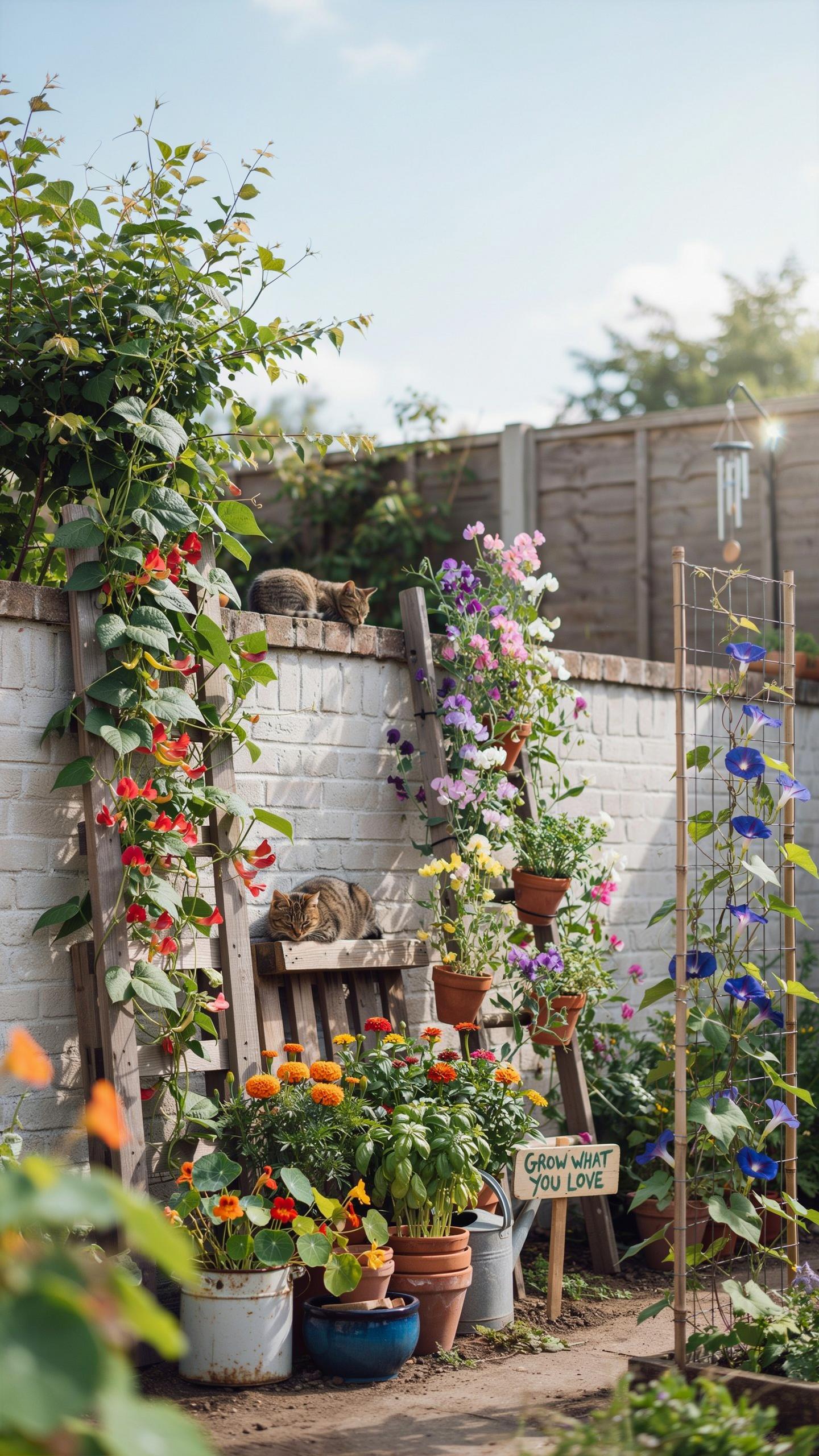 A lush and vibrant small garden space is nestled against a white brick wall and wooden fence, featuring various potted plants, climbing flowers in red