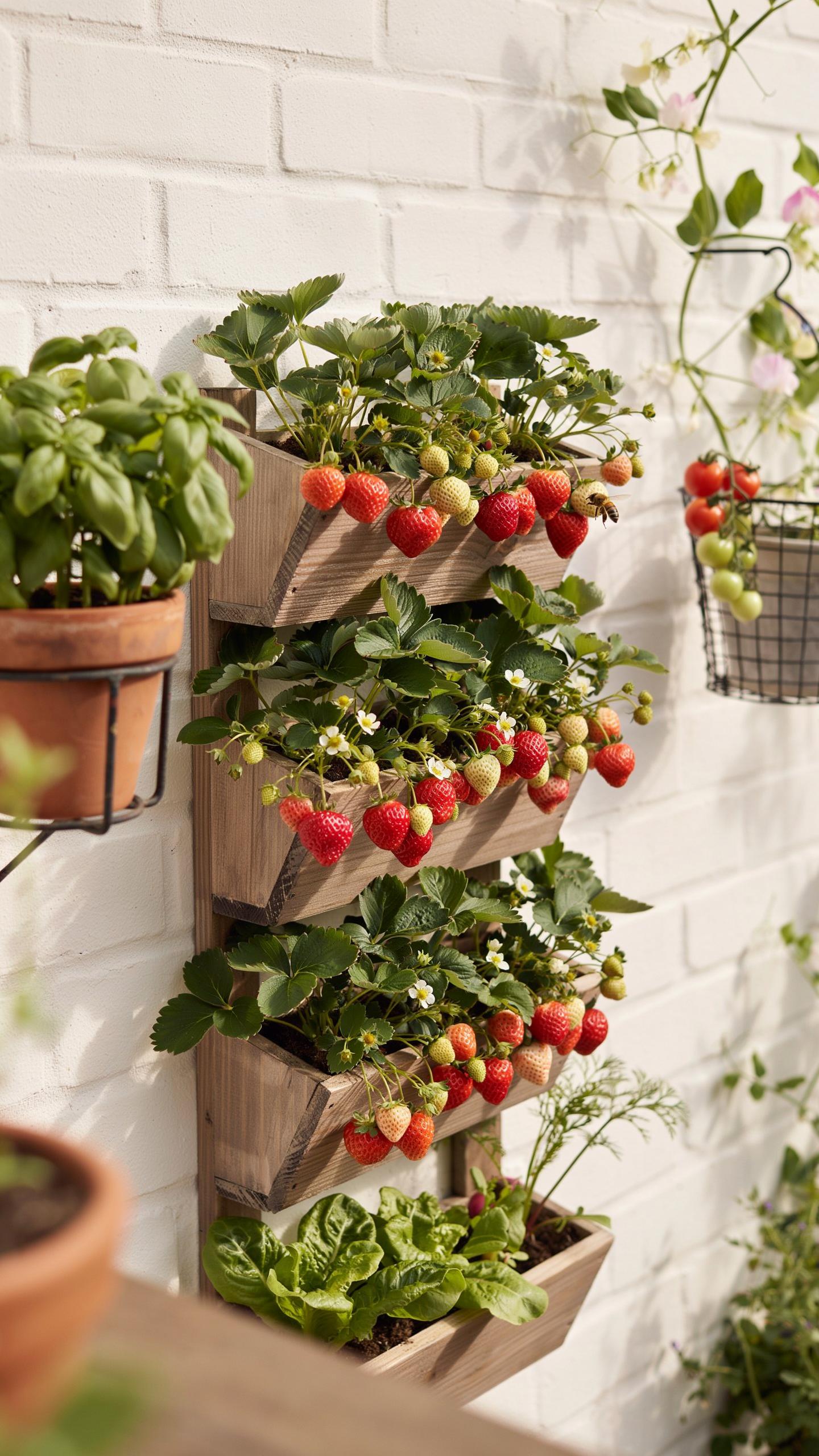 A vertical planter made of stacked wooden troughs is mounted on a white brick wall, overflowing with lush green strawberry plants bearing numerous red