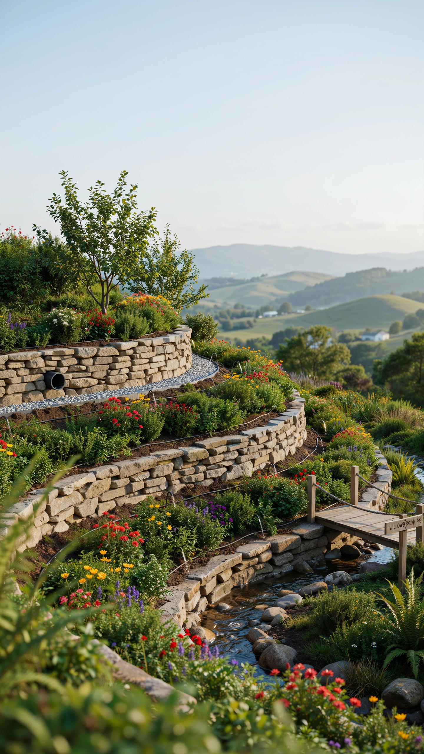 A tiered garden with stone retaining walls is filled with colorful flowers, green foliage, and a small stream, extending into a valley with rolling hi