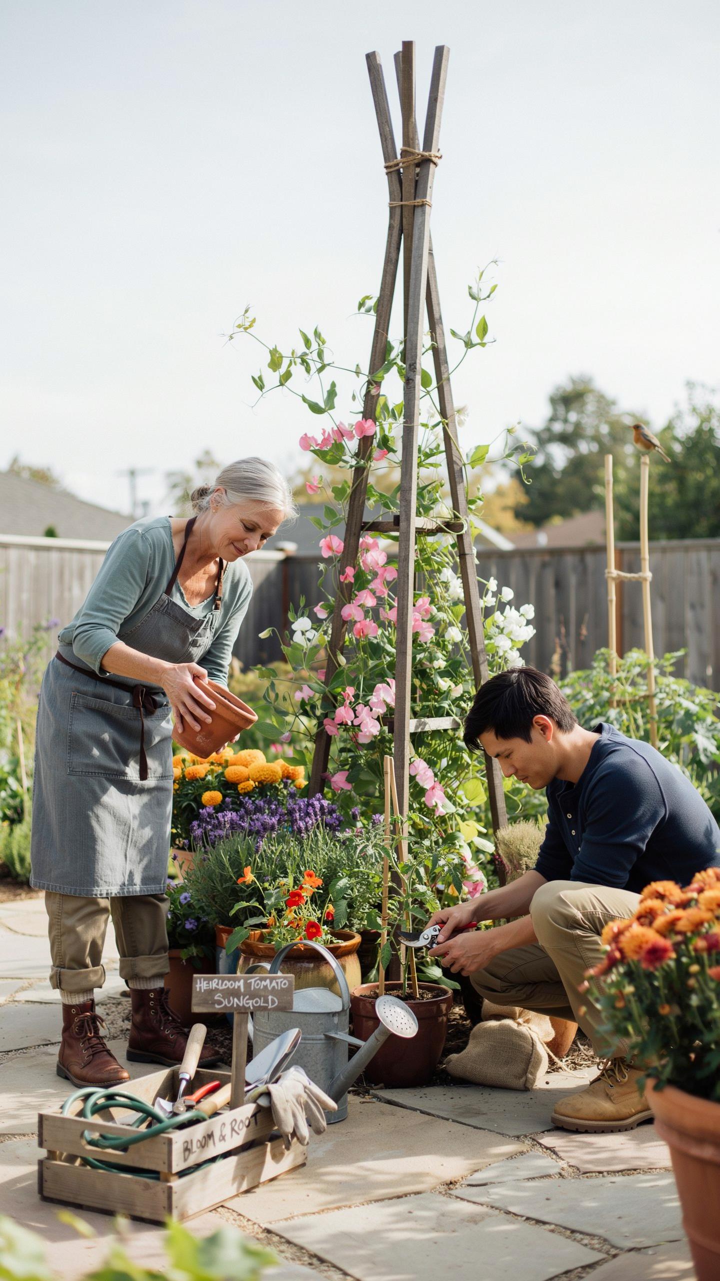 A smiling older woman in a blue apron holds a terracotta pot near a wooden gardening caddy, while a younger man in a dark blue shirt crouches down ten