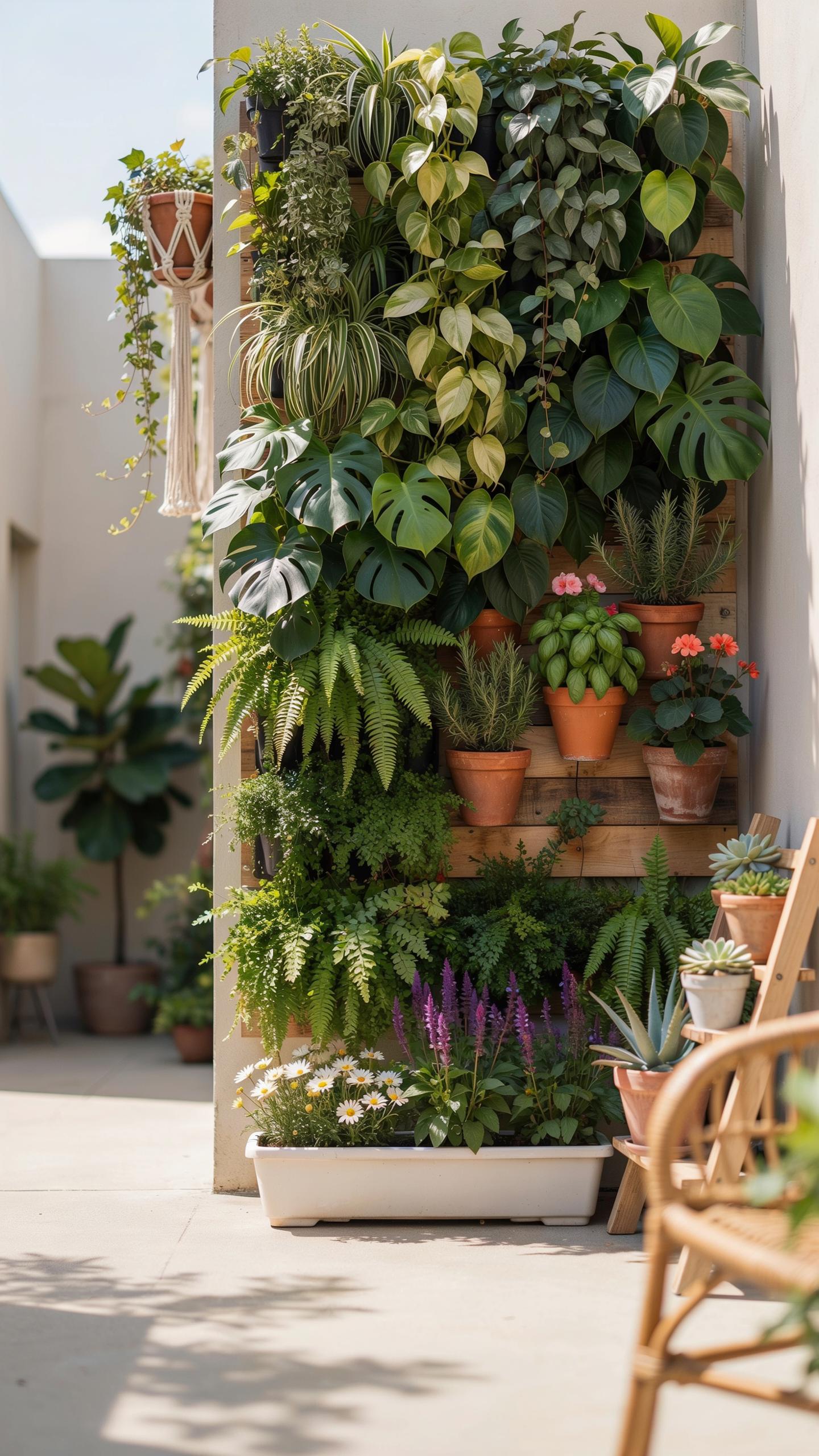 A lush, vertical garden made of various green plants and potted flowers on a wooden panel, next to a concrete patio with other potted plants and a wic
