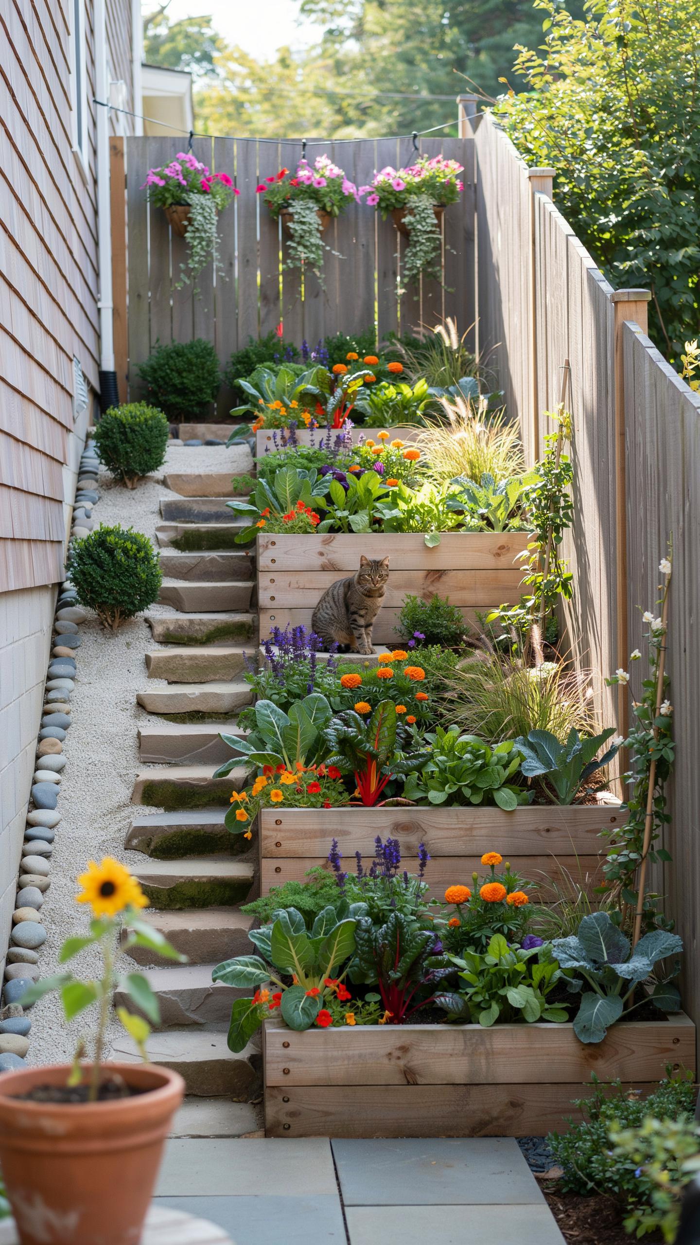 A long, narrow set of stone steps ascends alongside a wooden-sided house on the left and a wooden fence on the right, with terraced raised garden beds